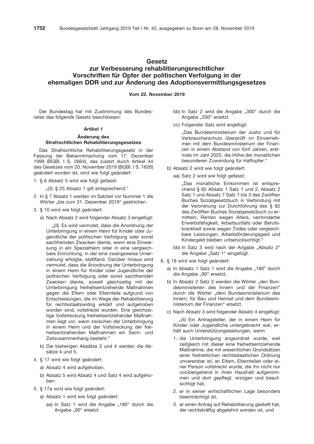 BGBl. 2019, Seite 1752 — Originalseite als Abbildung