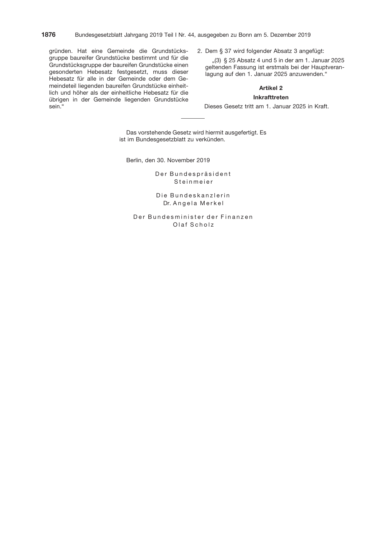 BGBl. 2019, Seite 1876 — Originalseite als Abbildung