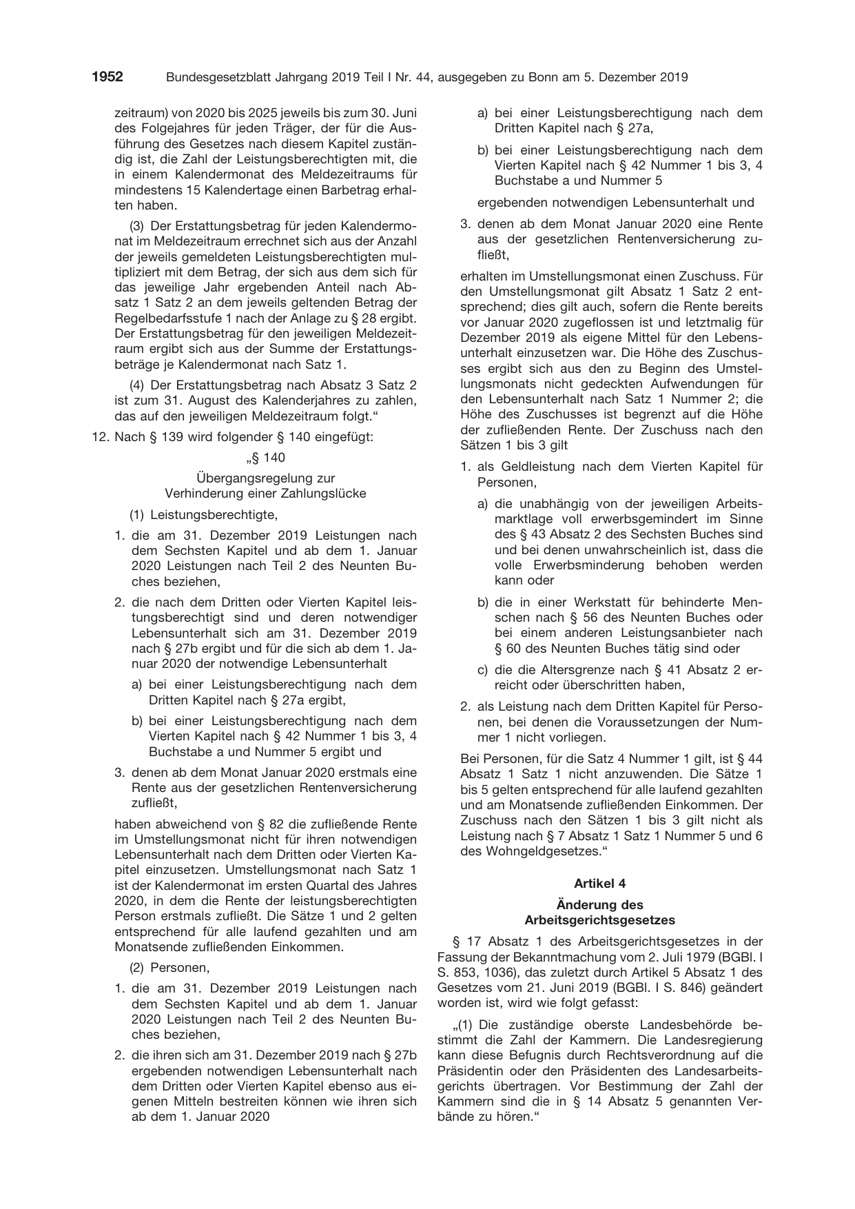 BGBl. 2019, Seite 1952 — Originalseite als Abbildung