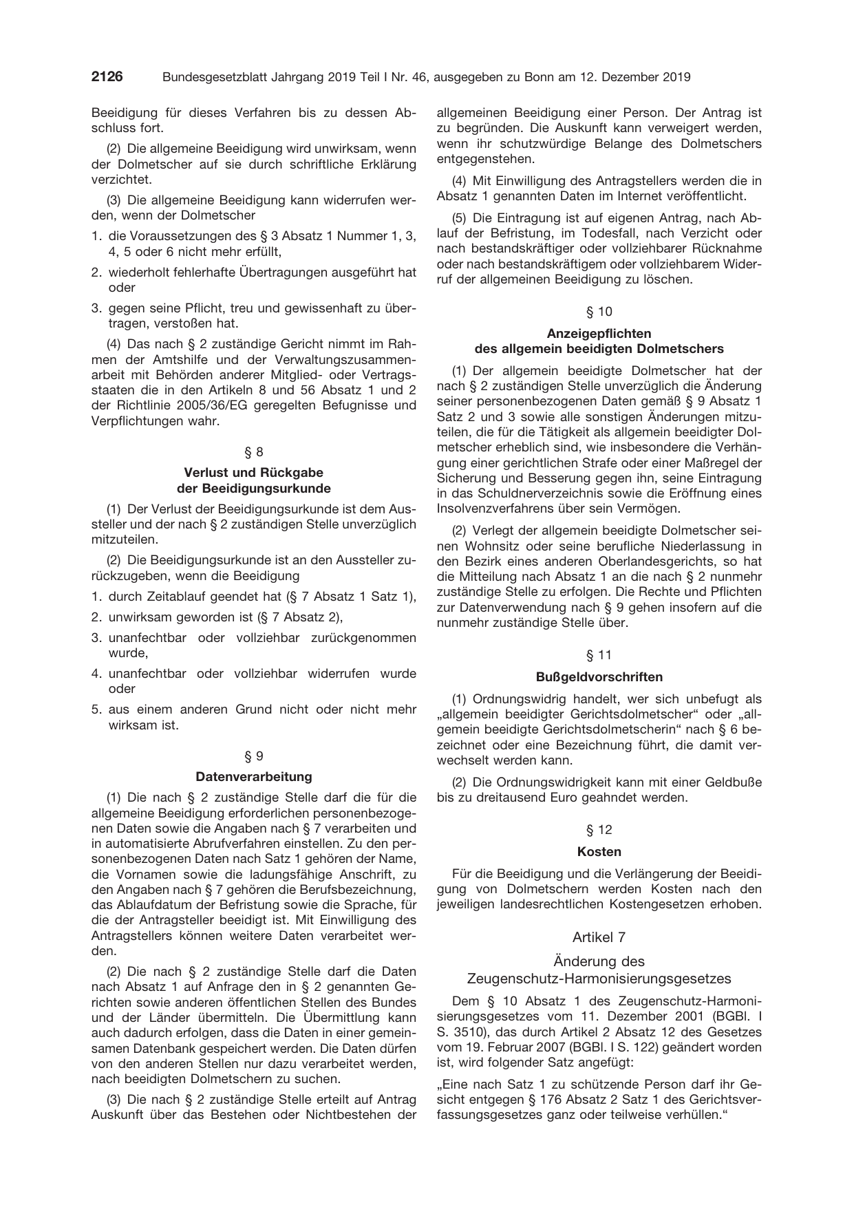 BGBl. 2019, Seite 2126 — Originalseite als Abbildung