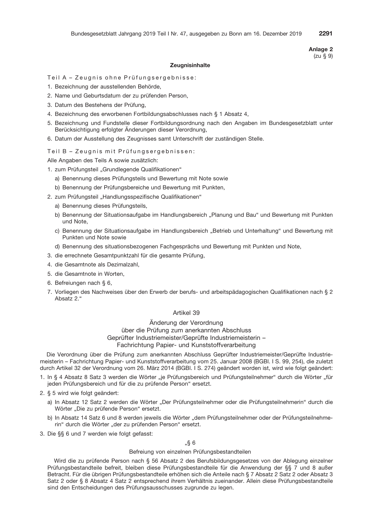 BGBl. 2019, Seite 2291 — Originalseite als Abbildung