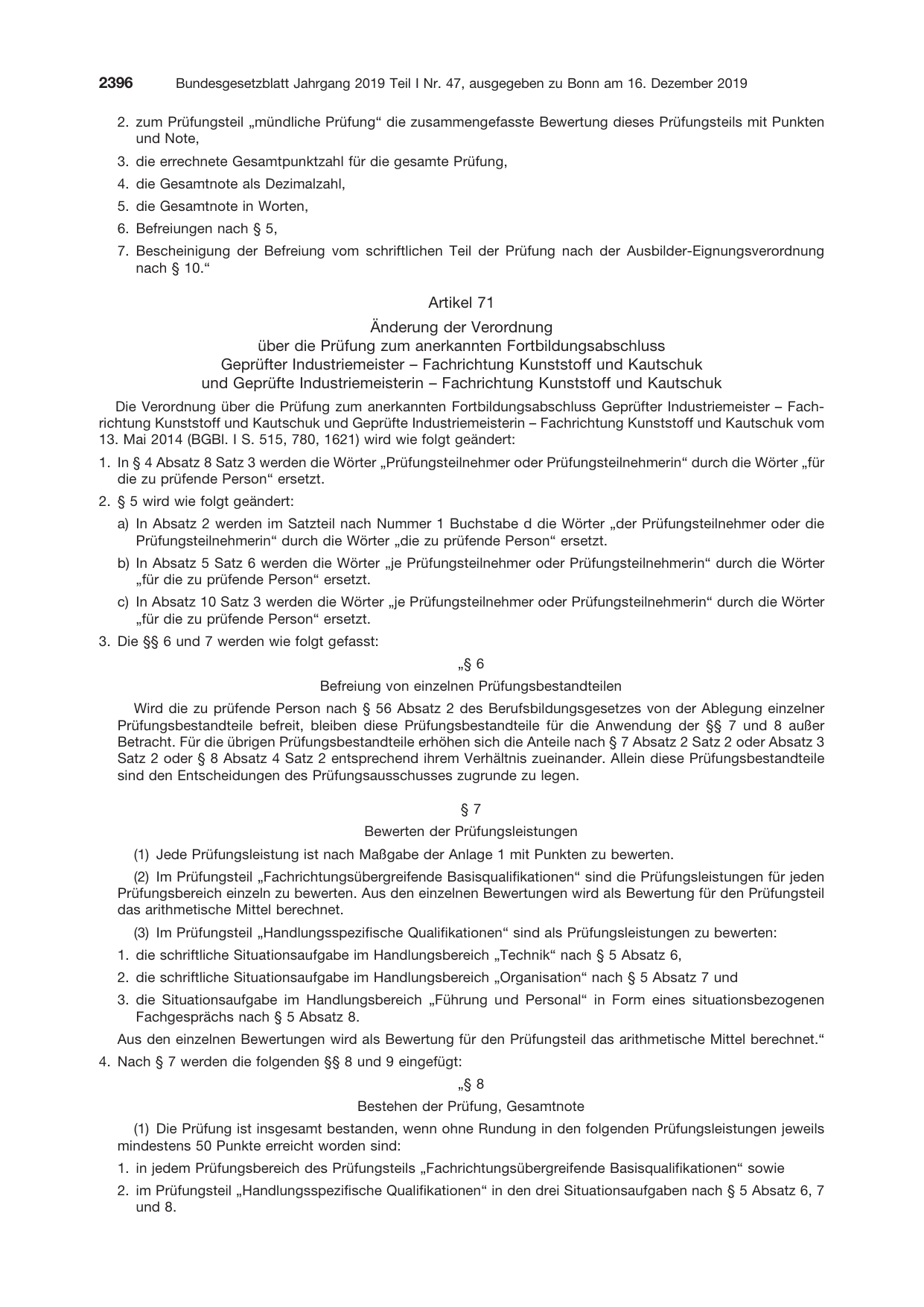 BGBl. 2019, Seite 2396 — Originalseite als Abbildung