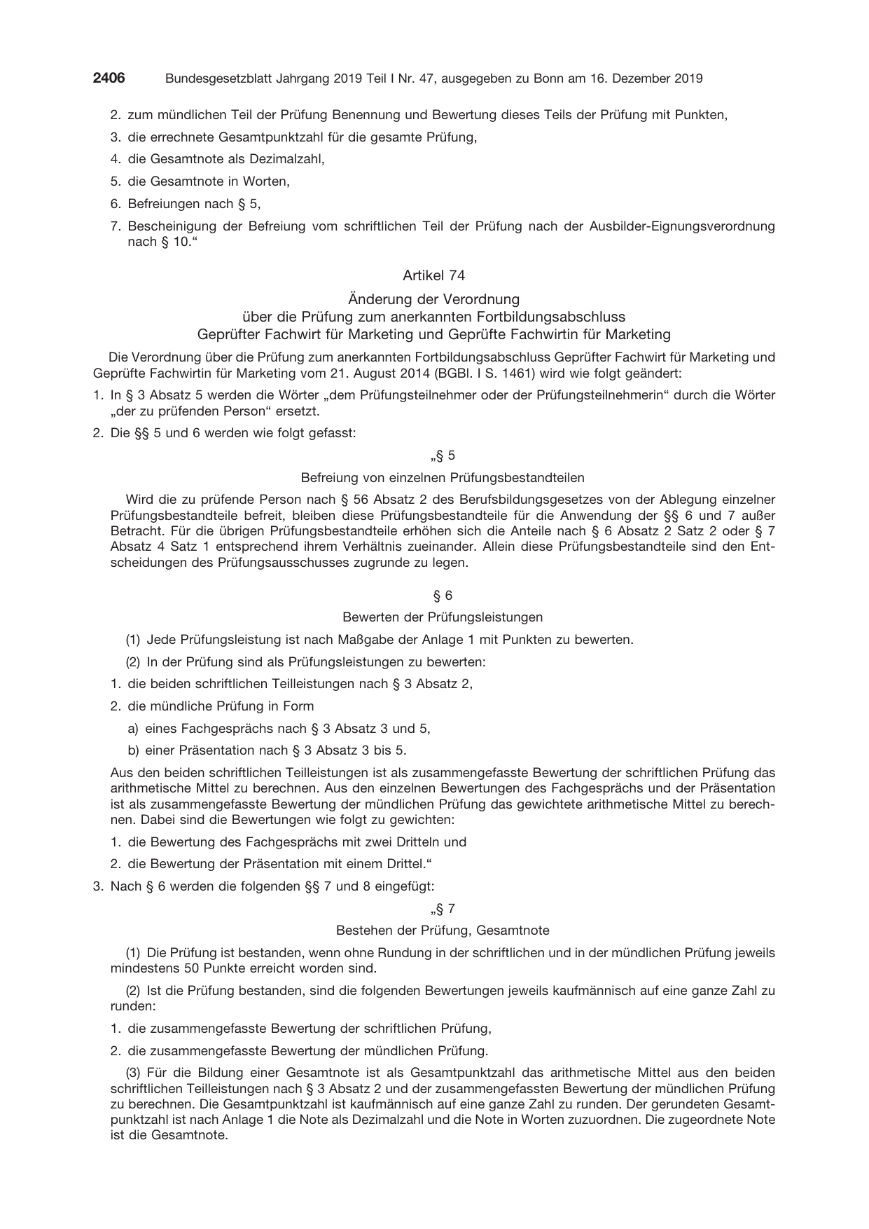 BGBl. 2019, Seite 2406 — Originalseite als Abbildung