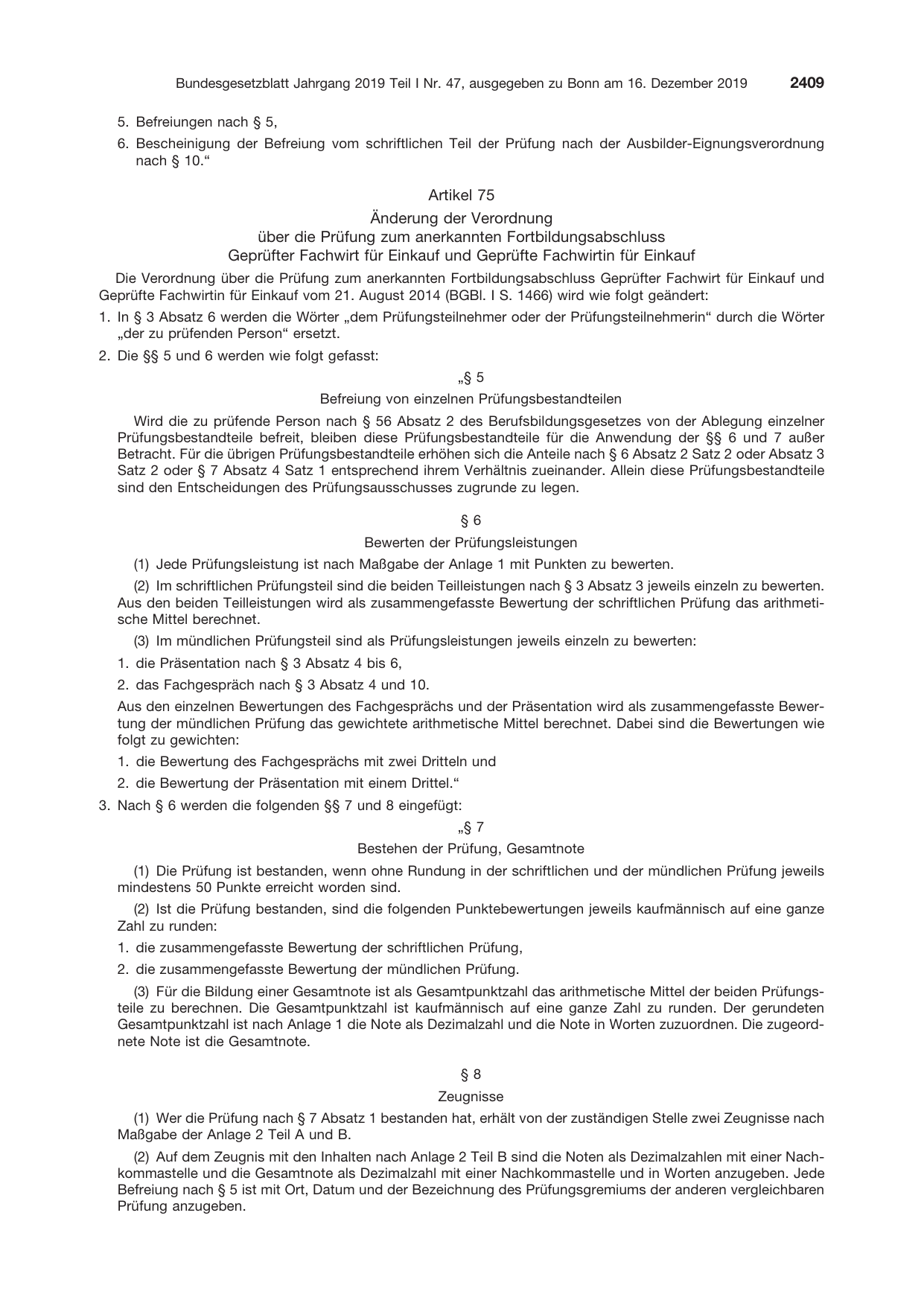 BGBl. 2019, Seite 2409 — Originalseite als Abbildung