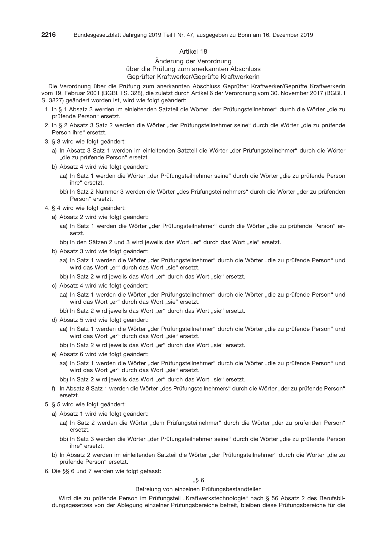 BGBl. 2019, Seite 2216 — Originalseite als Abbildung