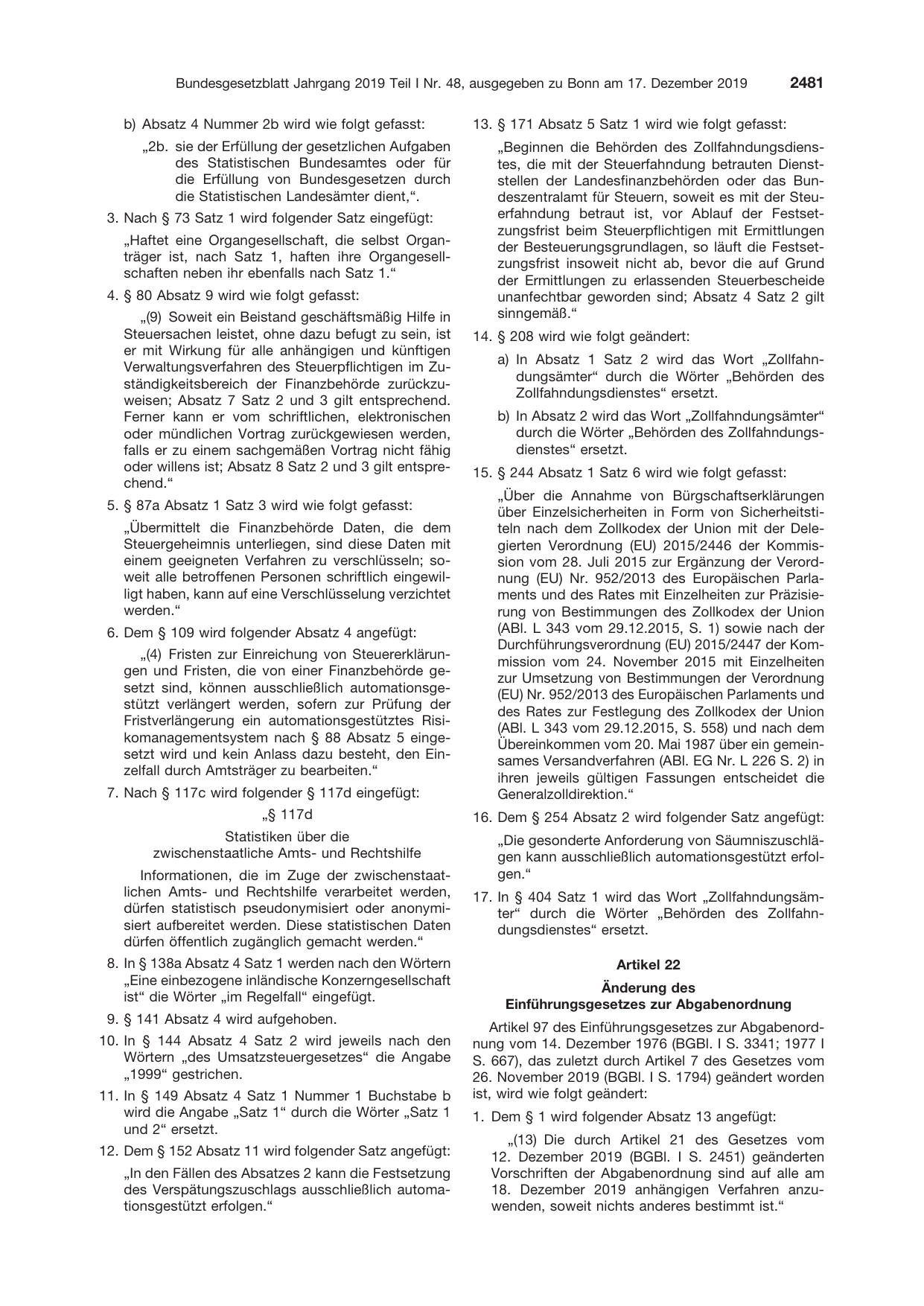 BGBl. 2019, Seite 2481 — Originalseite als Abbildung