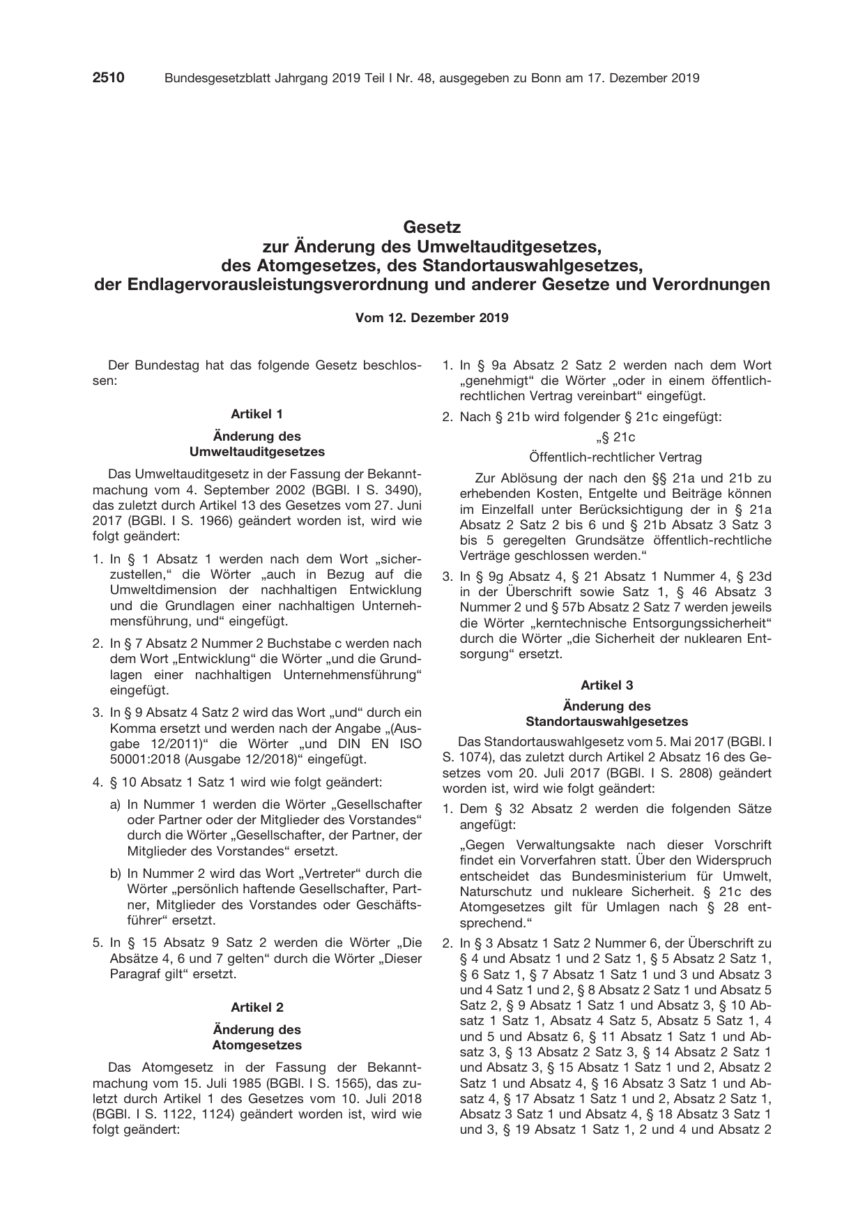BGBl. 2019, Seite 2510 — Originalseite als Abbildung