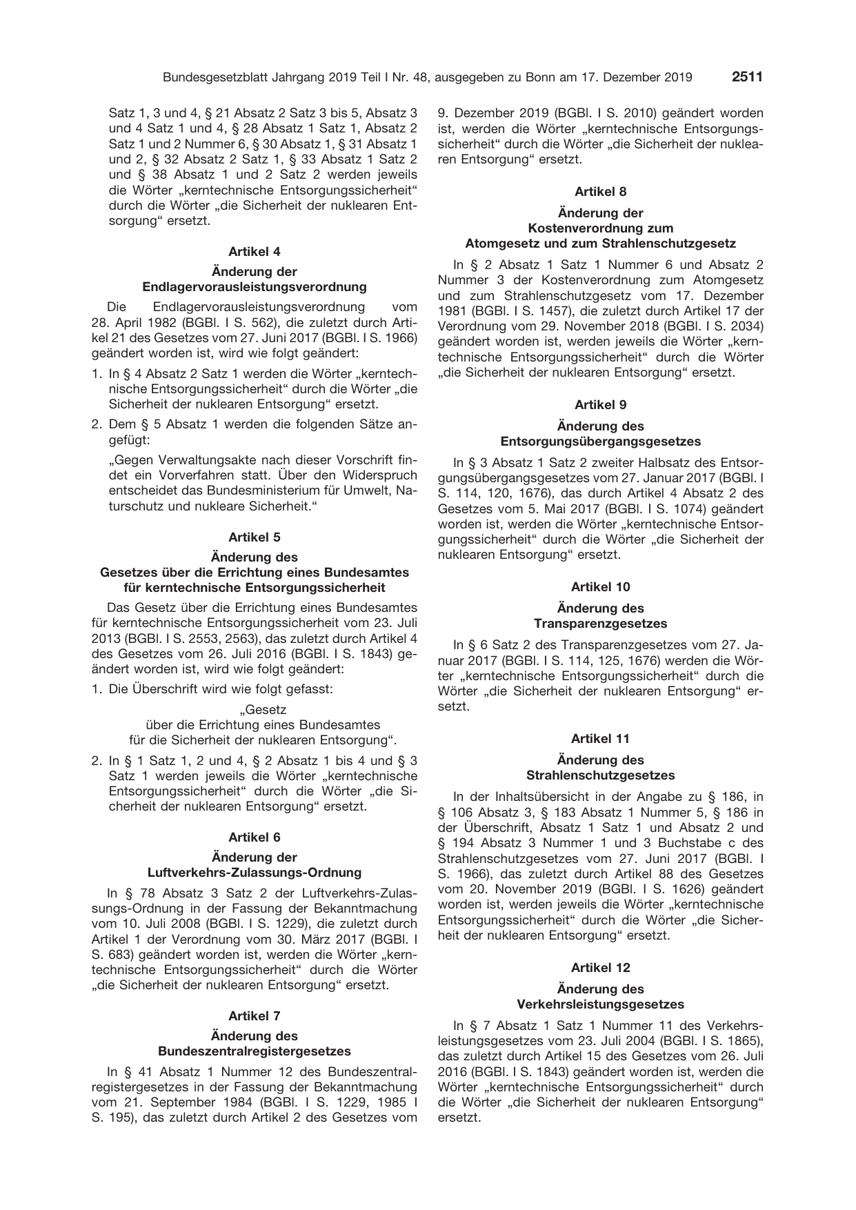 BGBl. 2019, Seite 2511 — Originalseite als Abbildung