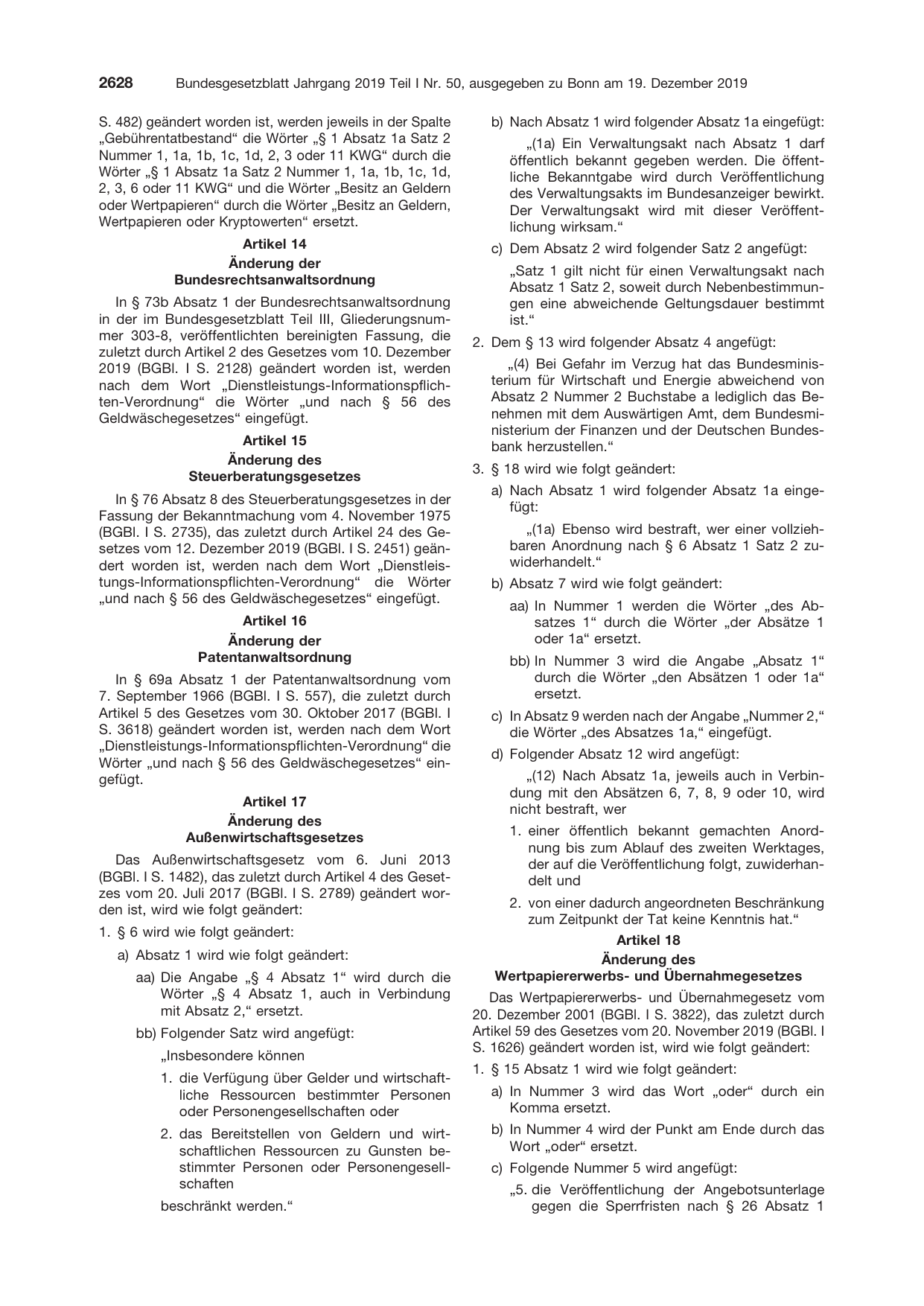 BGBl. 2019, Seite 2628 — Originalseite als Abbildung