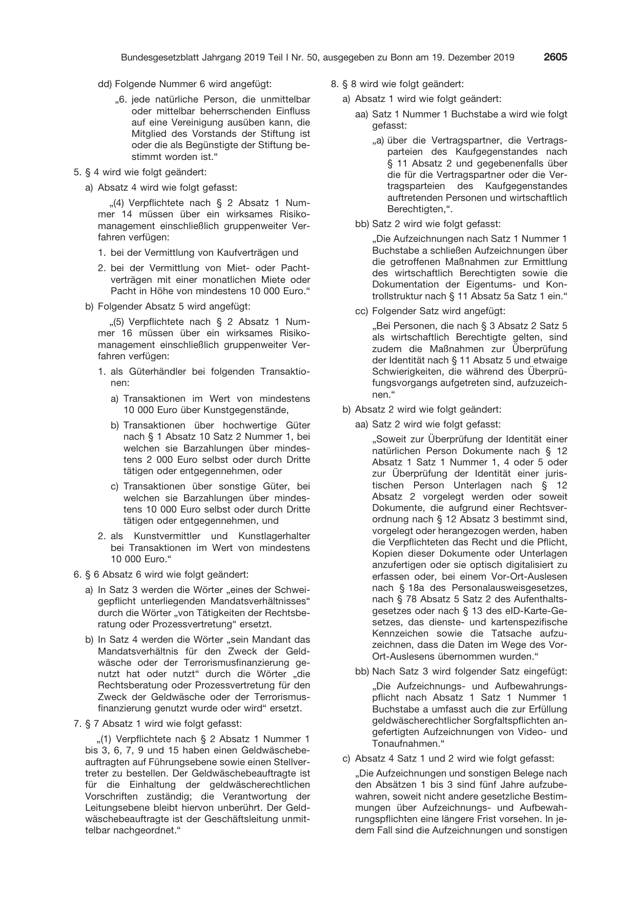 BGBl. 2019, Seite 2605 — Originalseite als Abbildung