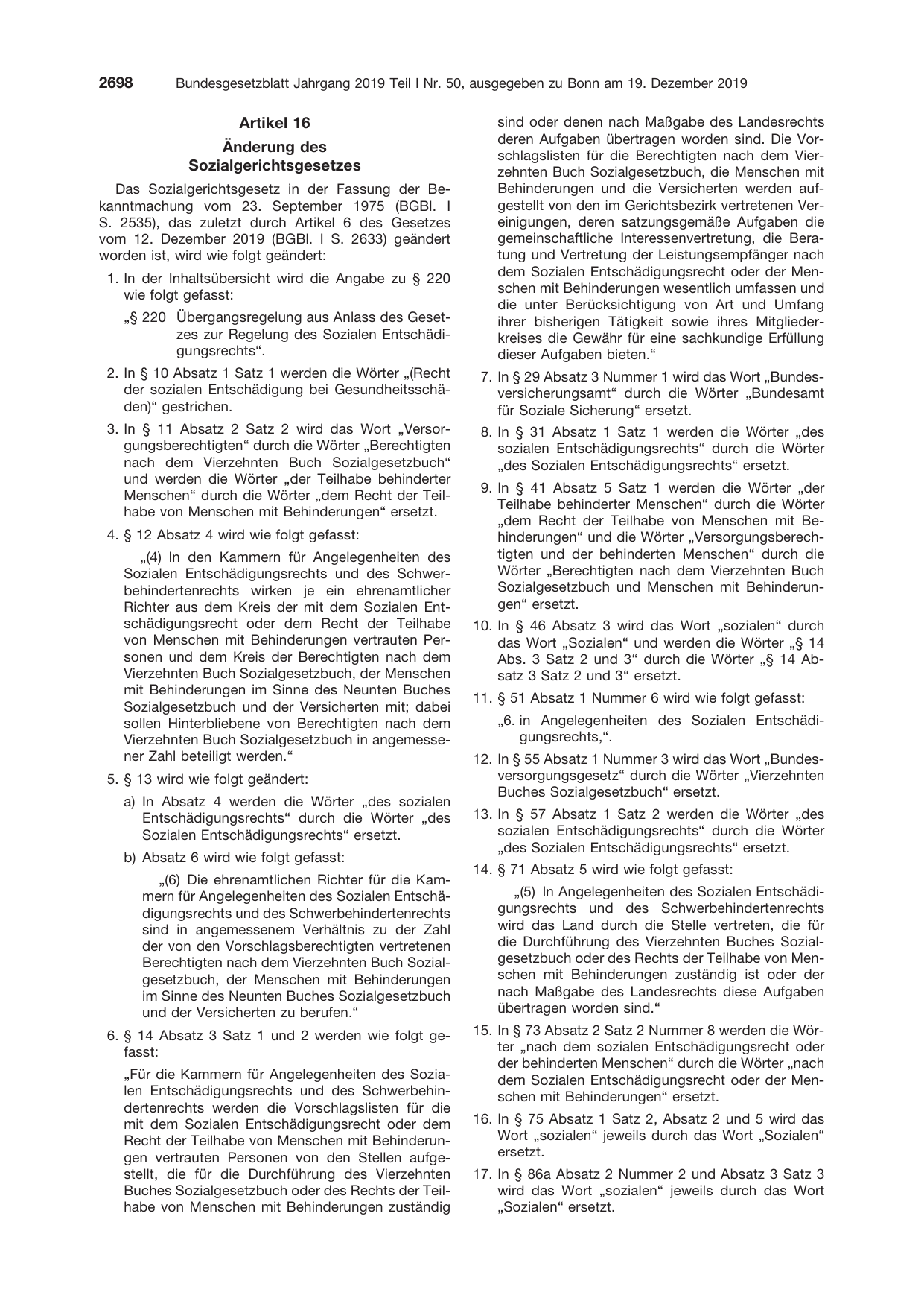 BGBl. 2019, Seite 2698 — Originalseite als Abbildung