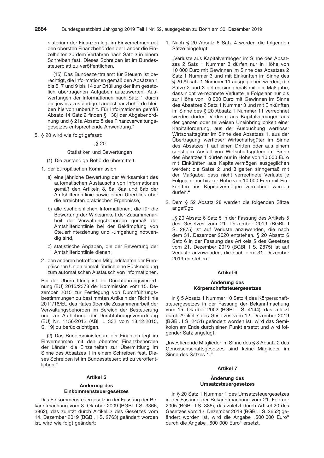 BGBl. 2019, Seite 2884 — Originalseite als Abbildung