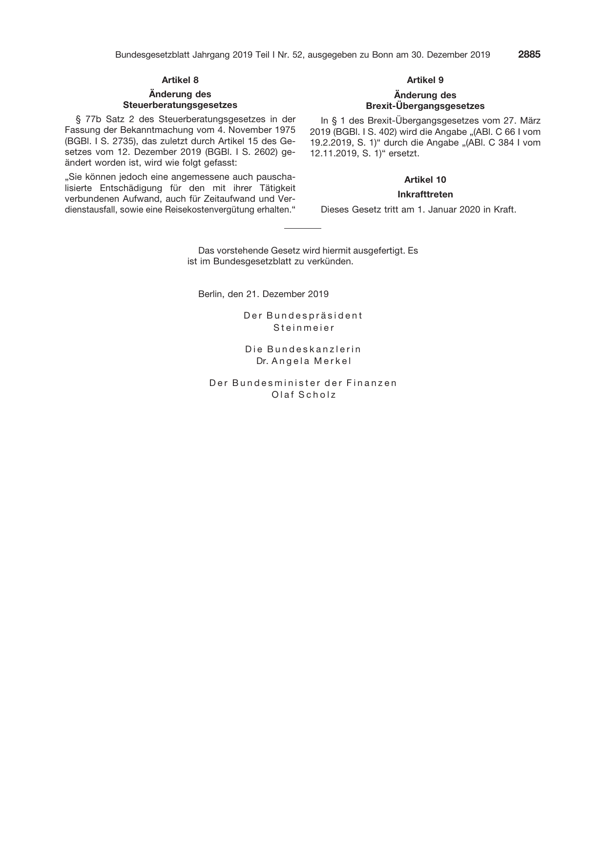 BGBl. 2019, Seite 2885 — Originalseite als Abbildung