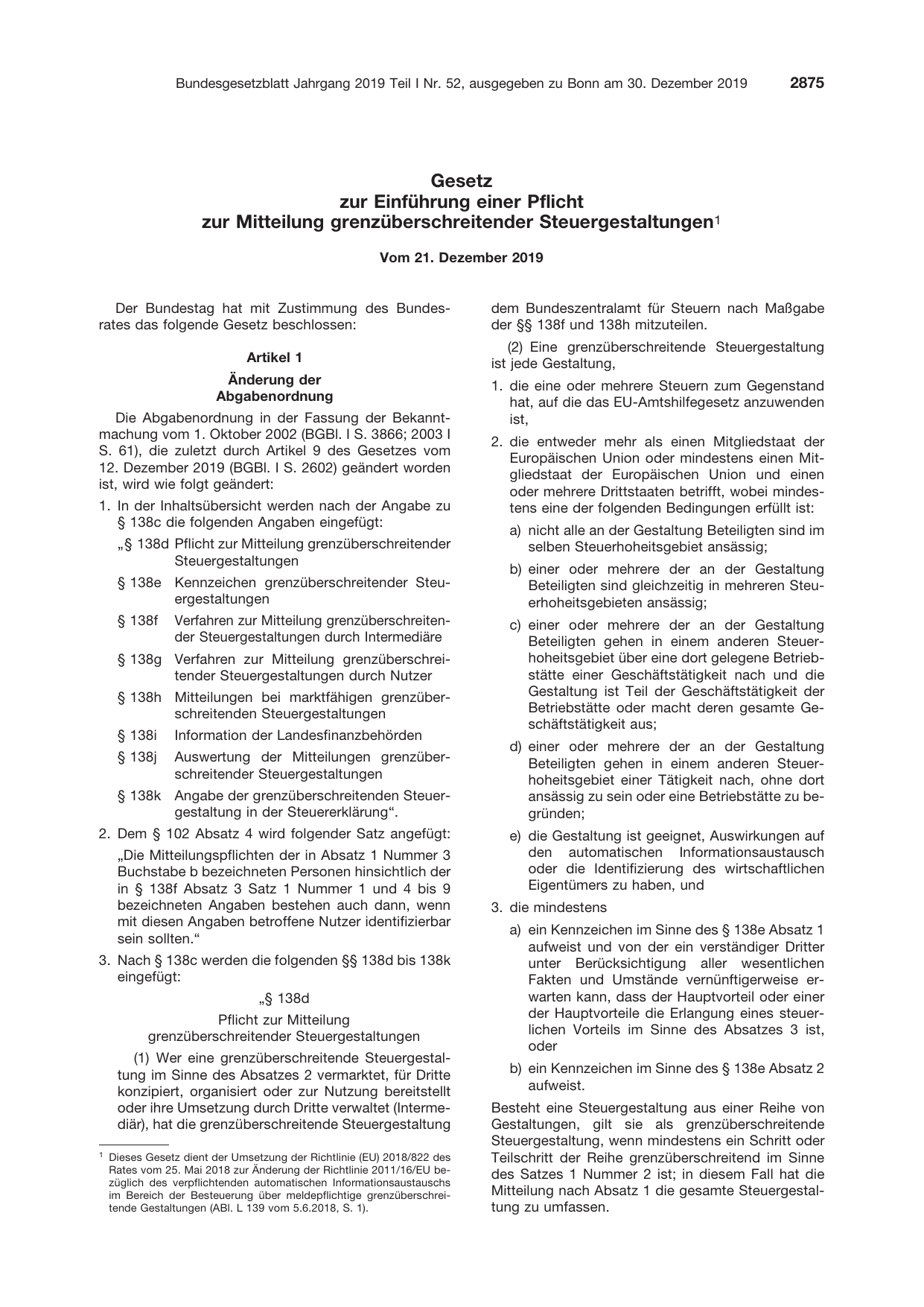 BGBl. 2019, Seite 2875 — Originalseite als Abbildung
