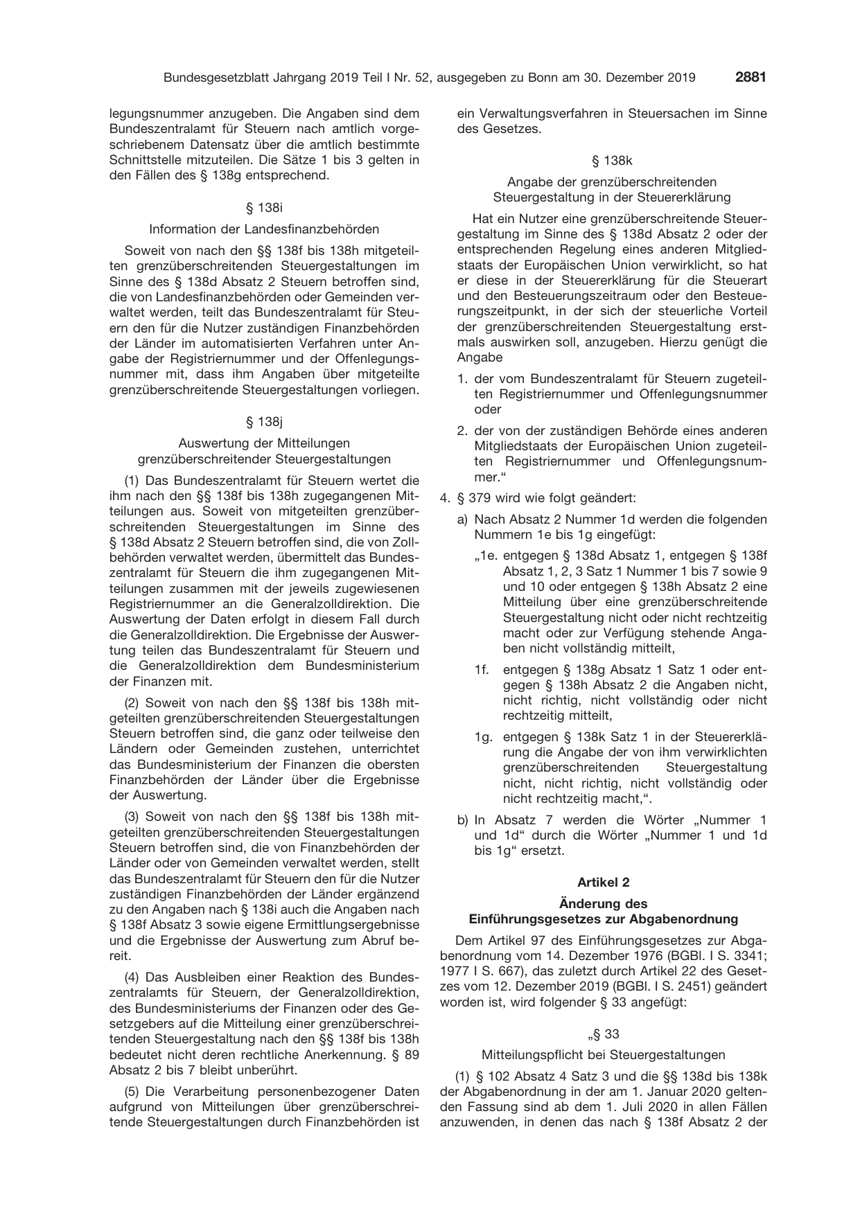 BGBl. 2019, Seite 2881 — Originalseite als Abbildung
