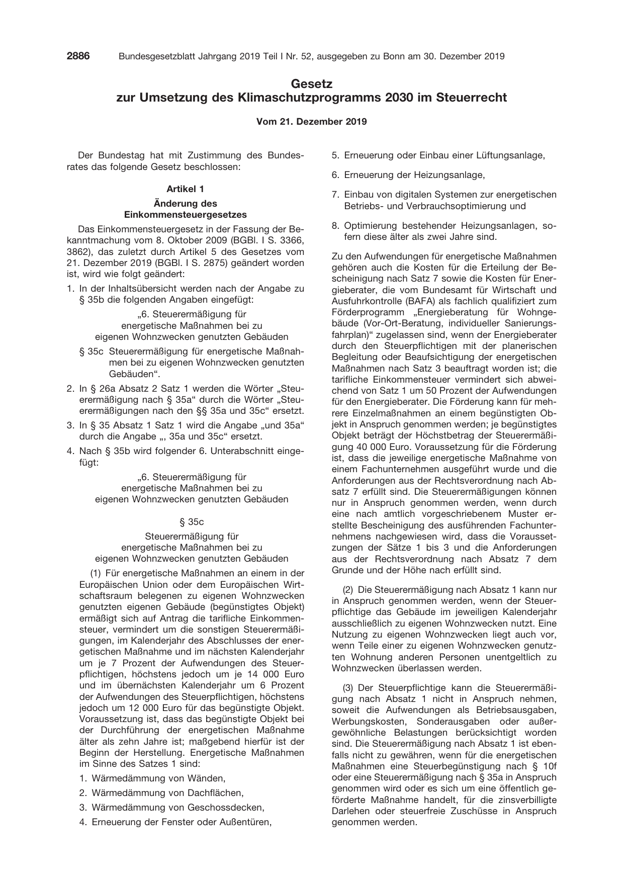 BGBl. 2019, Seite 2886 — Originalseite als Abbildung