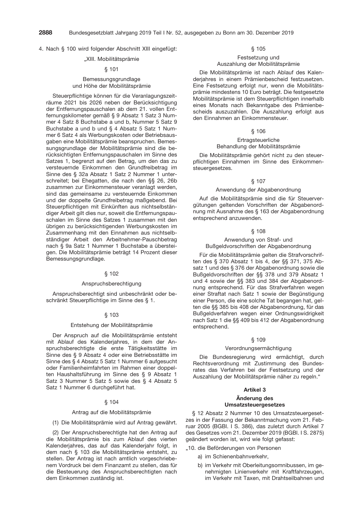 BGBl. 2019, Seite 2888 — Originalseite als Abbildung