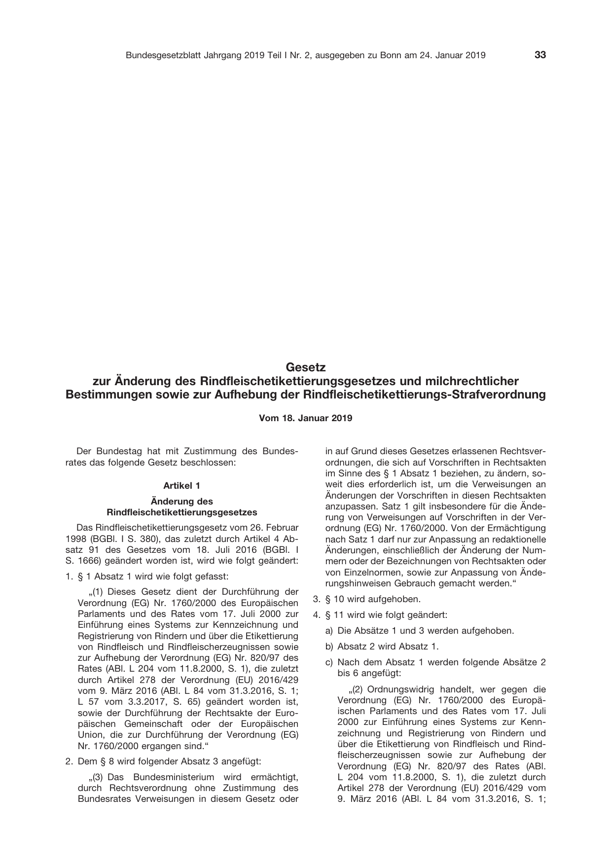 BGBl. 2019, Seite 33 — Originalseite als Abbildung
