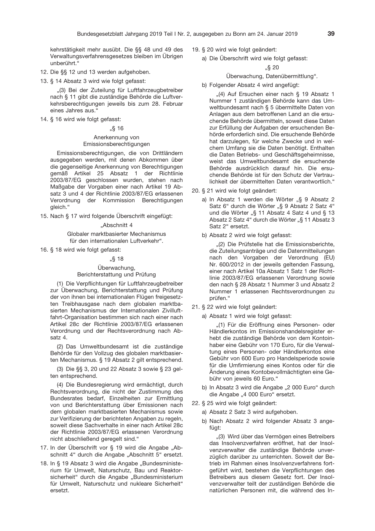 BGBl. 2019, Seite 39 — Originalseite als Abbildung