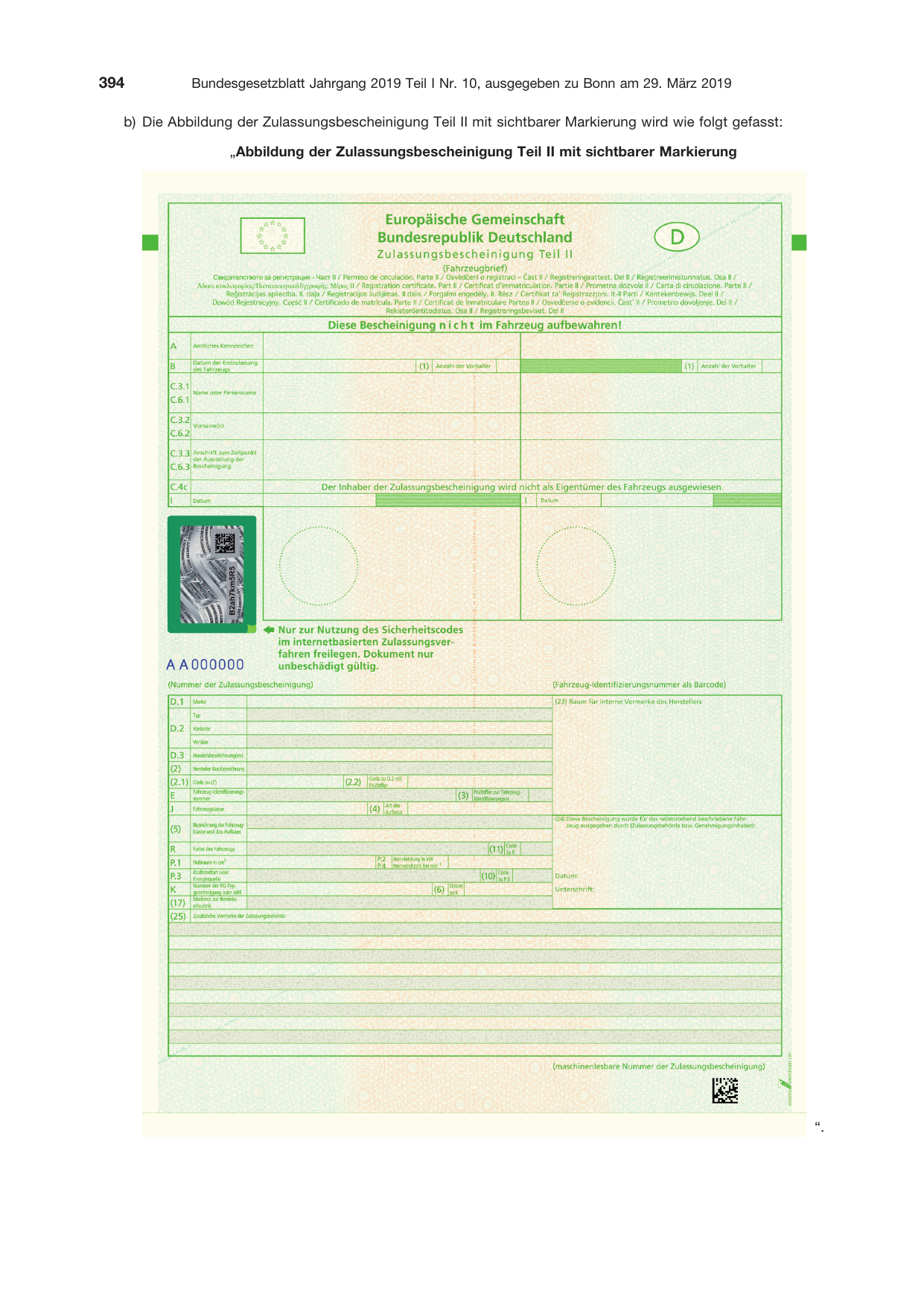 BGBl. 2019, Seite 394 — Originalseite als Abbildung