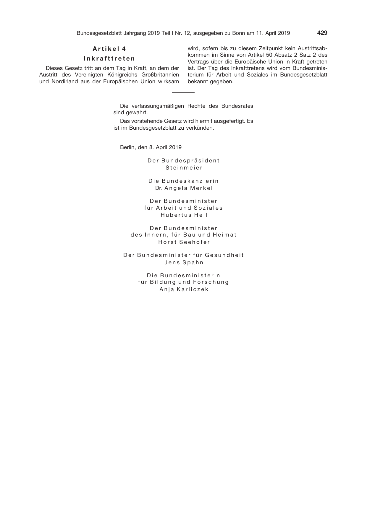 BGBl. 2019, Seite 429 — Originalseite als Abbildung