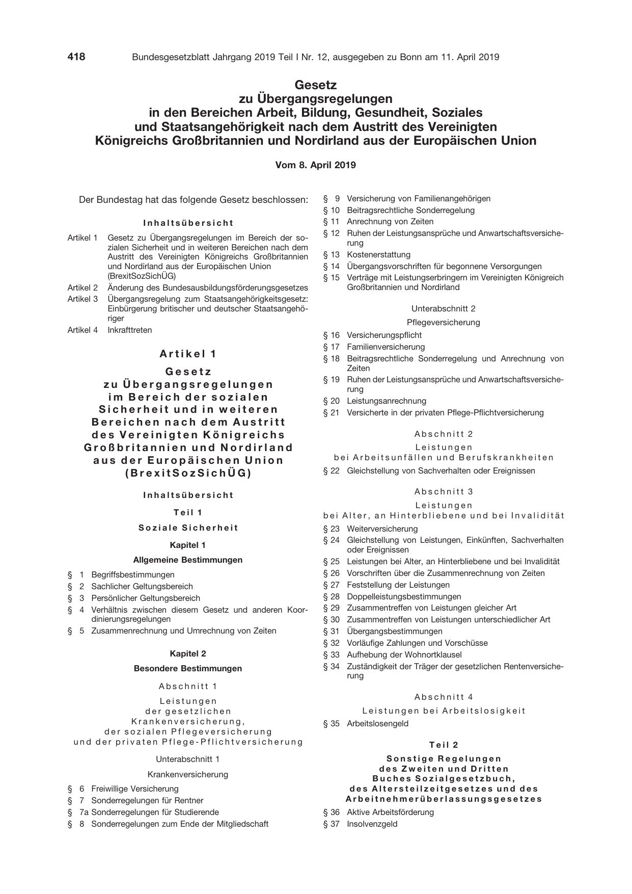 BGBl. 2019, Seite 418 — Originalseite als Abbildung