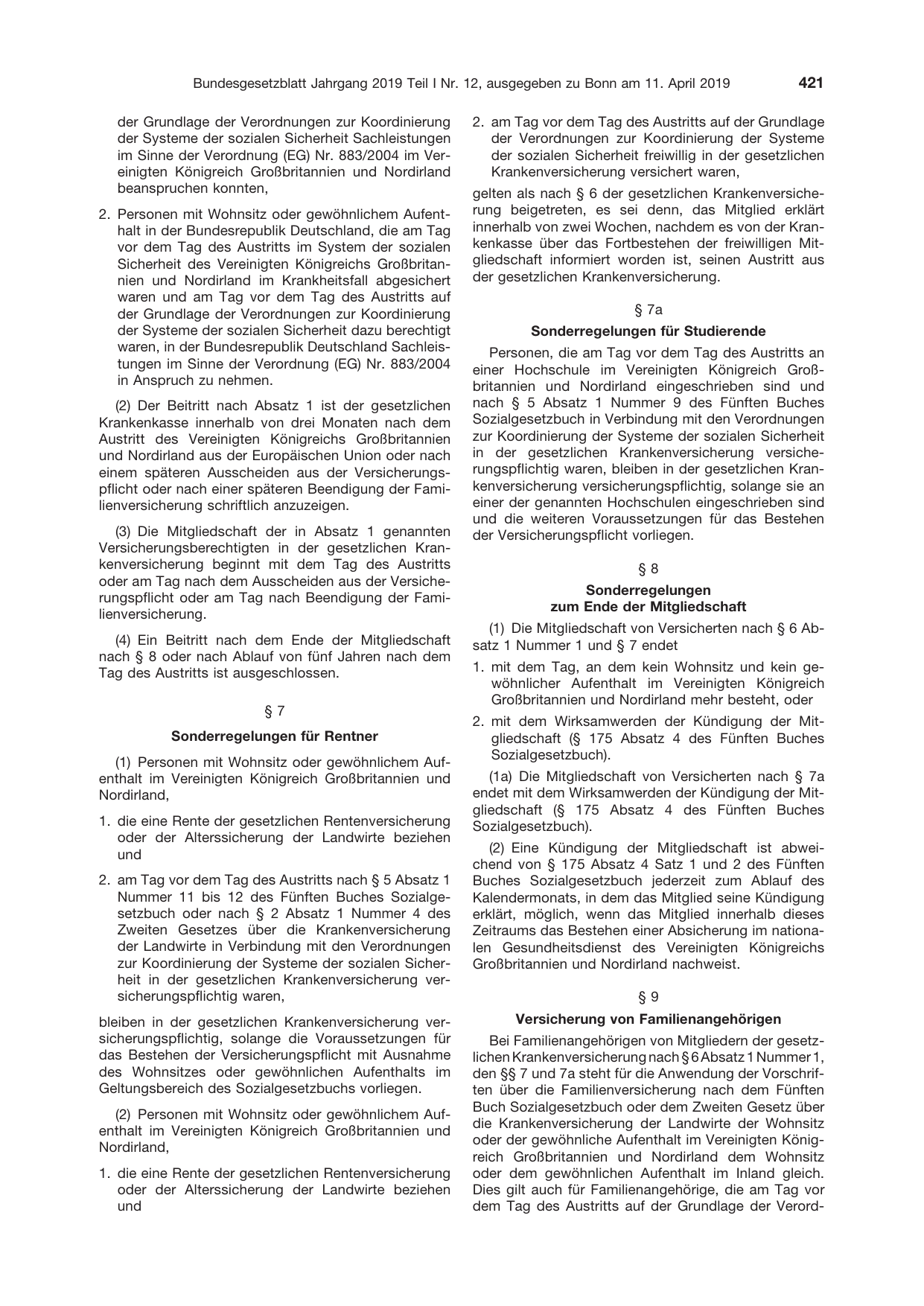 BGBl. 2019, Seite 421 — Originalseite als Abbildung