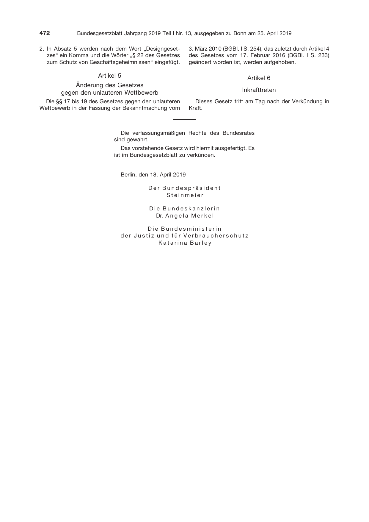 BGBl. 2019, Seite 472 — Originalseite als Abbildung