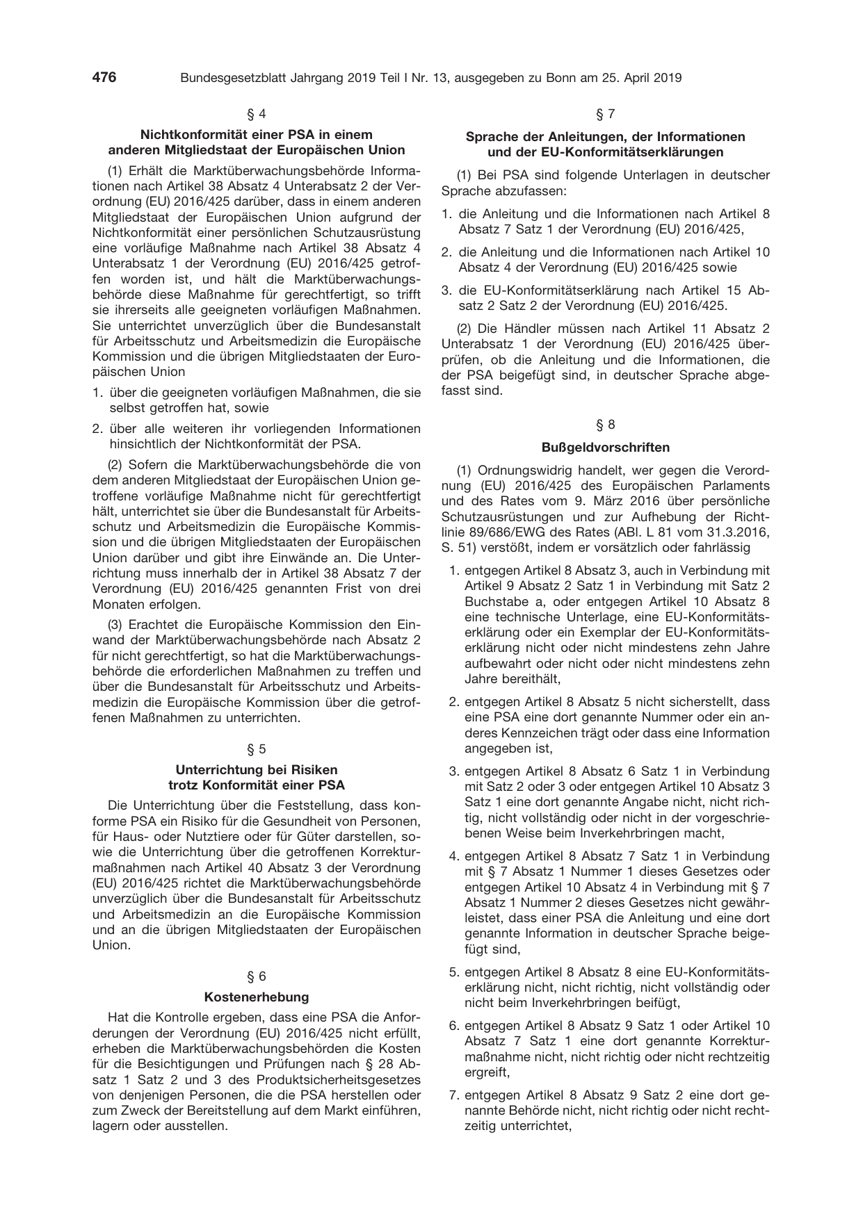 BGBl. 2019, Seite 476 — Originalseite als Abbildung
