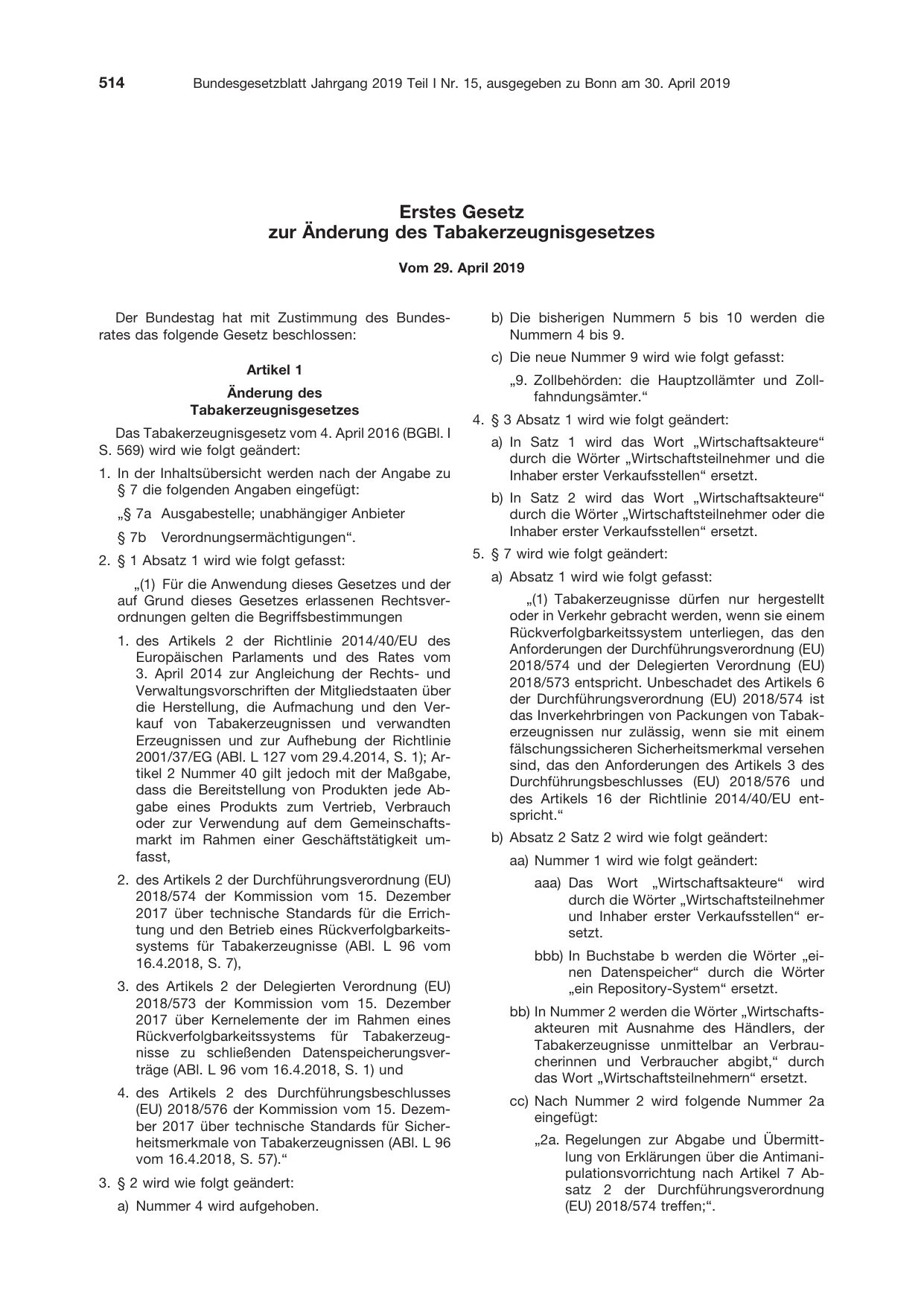 BGBl. 2019, Seite 514 — Originalseite als Abbildung