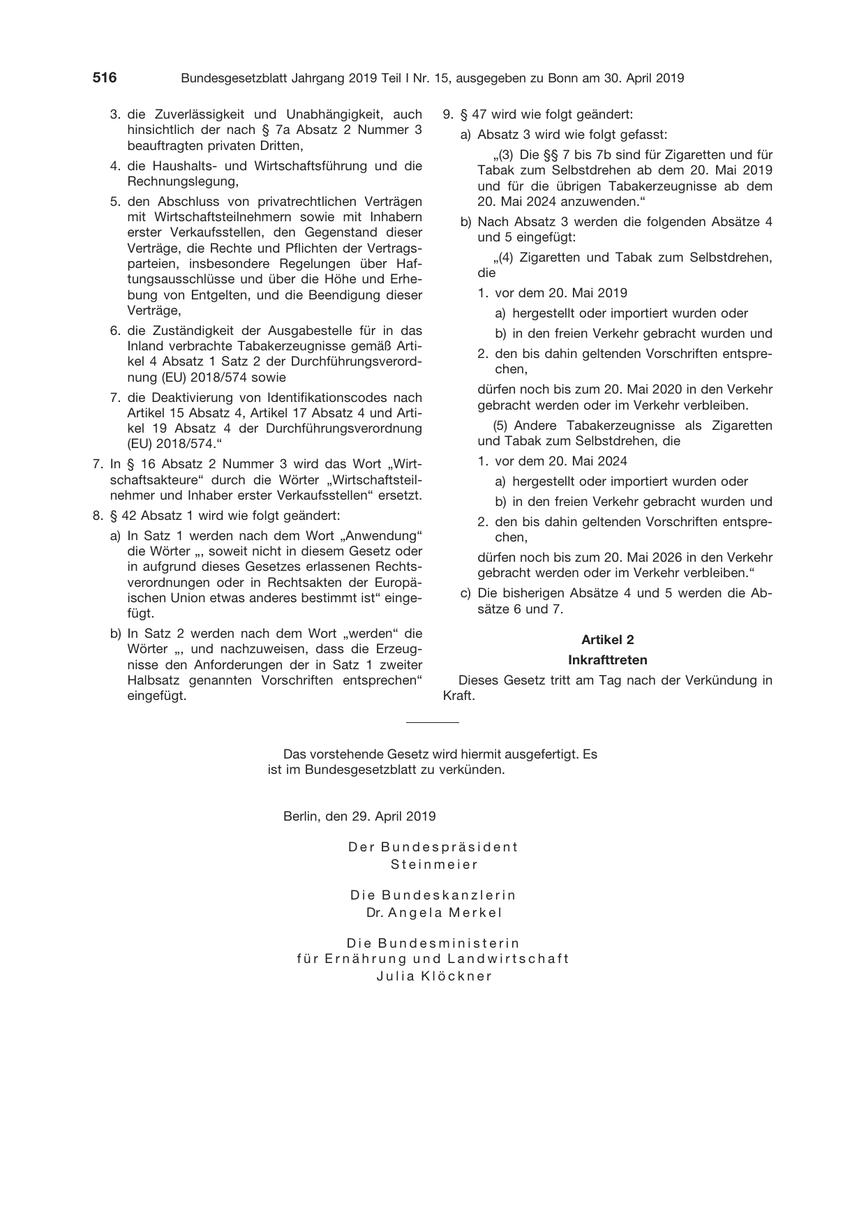 BGBl. 2019, Seite 516 — Originalseite als Abbildung