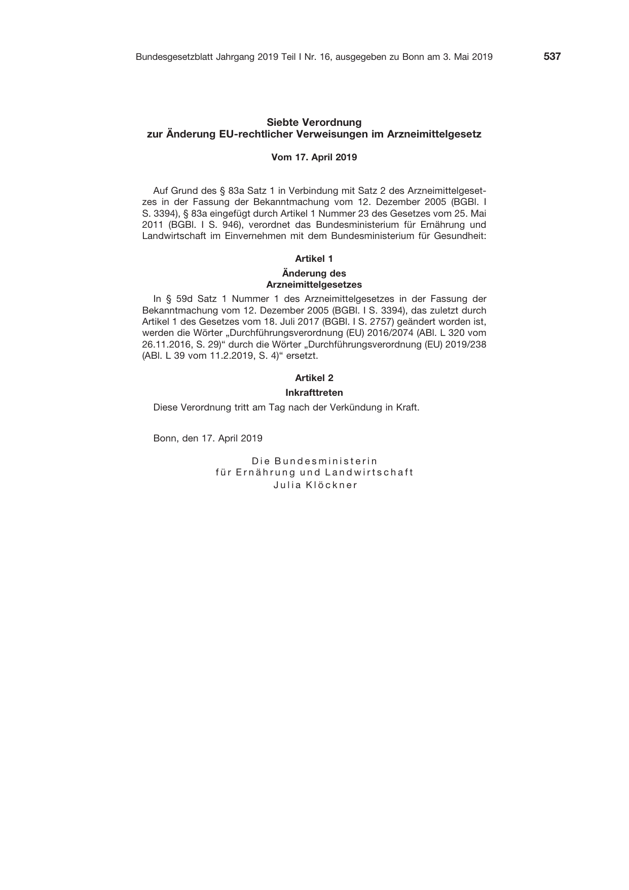 BGBl. 2019, Seite 537 — Originalseite als Abbildung