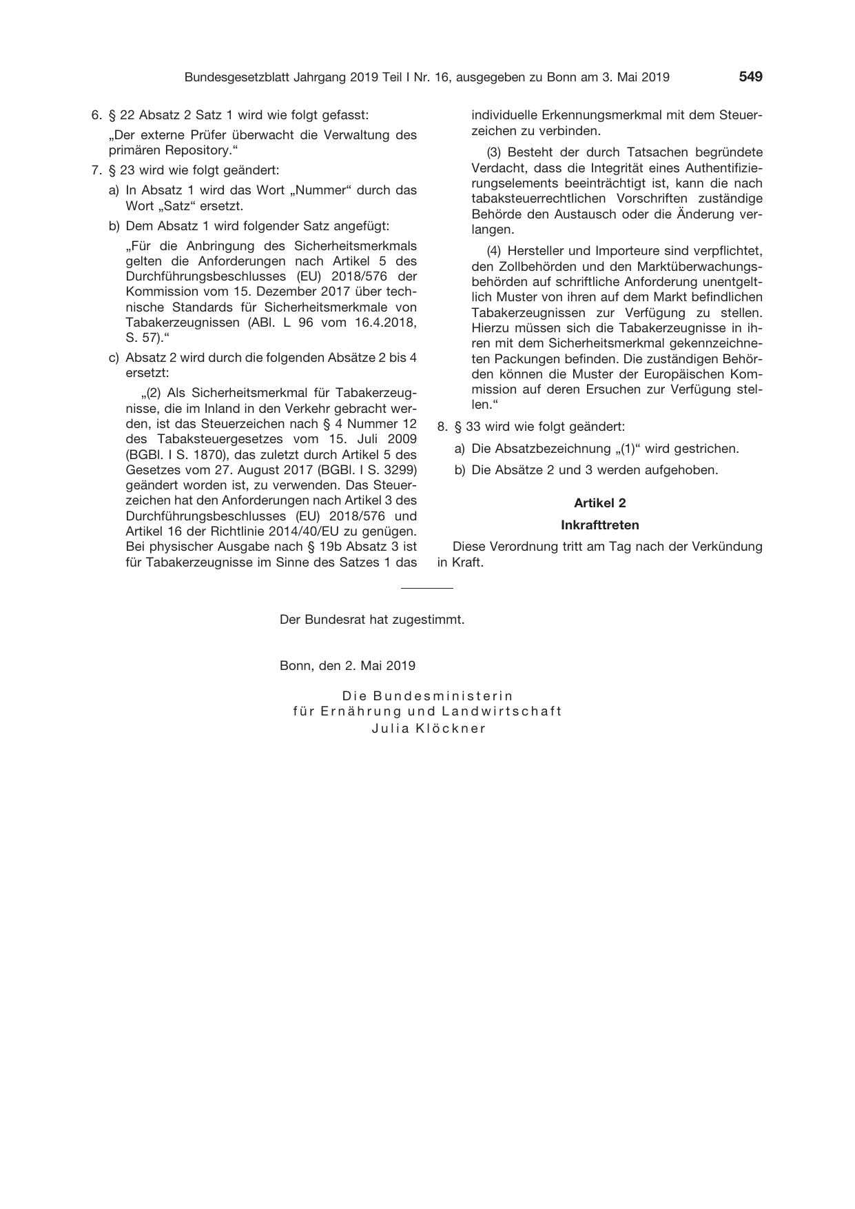 BGBl. 2019, Seite 549 — Originalseite als Abbildung