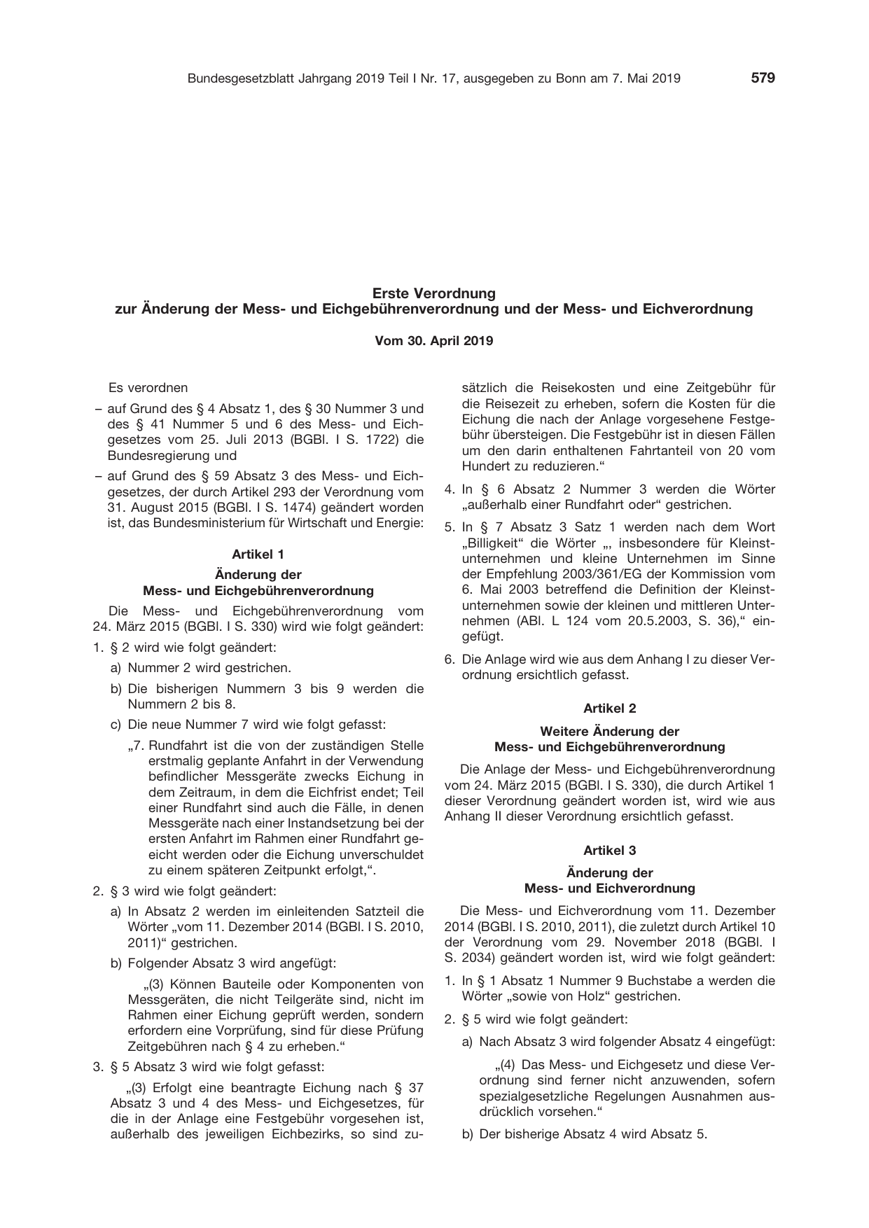 BGBl. 2019, Seite 579 — Originalseite als Abbildung