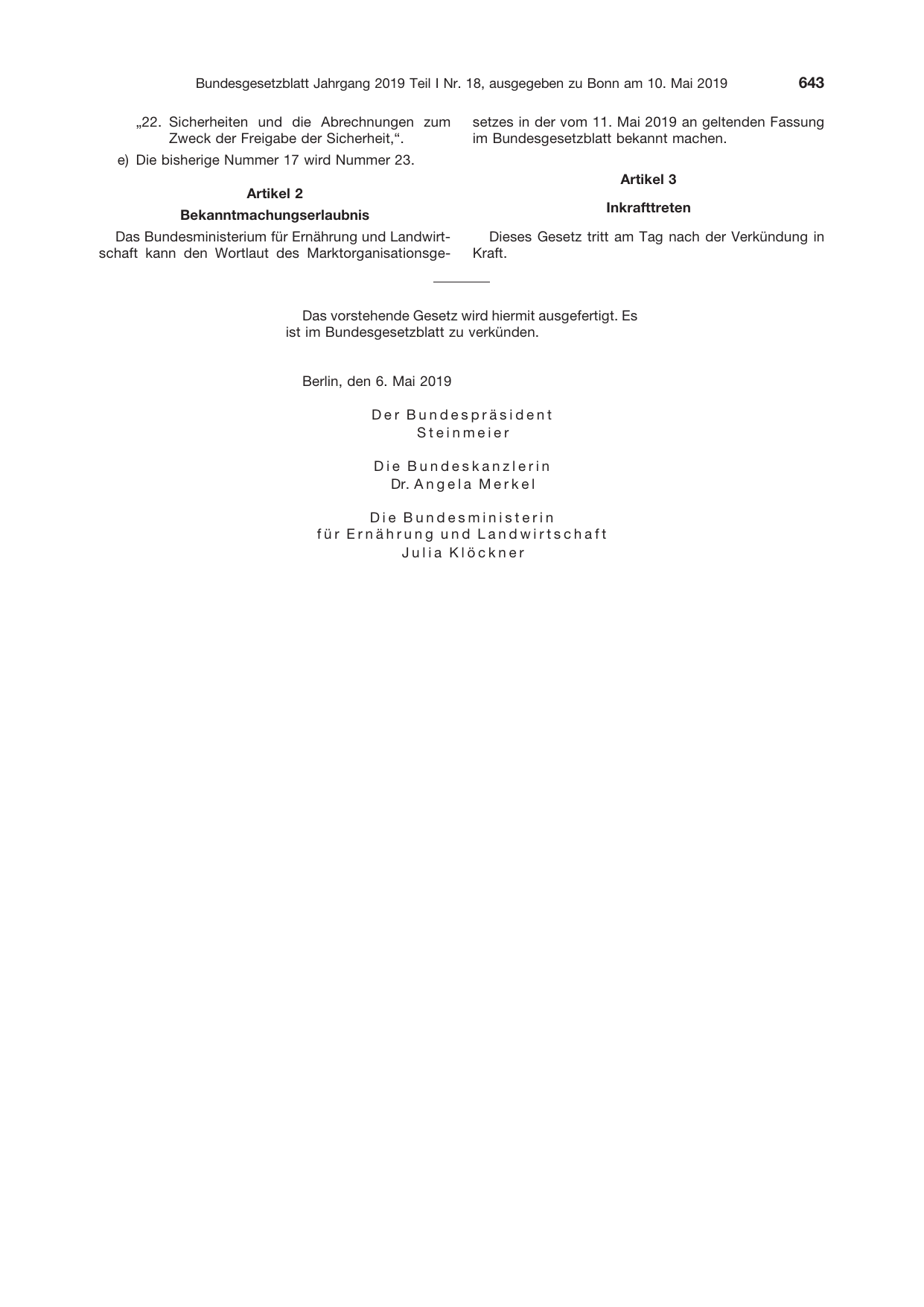 BGBl. 2019, Seite 643 — Originalseite als Abbildung