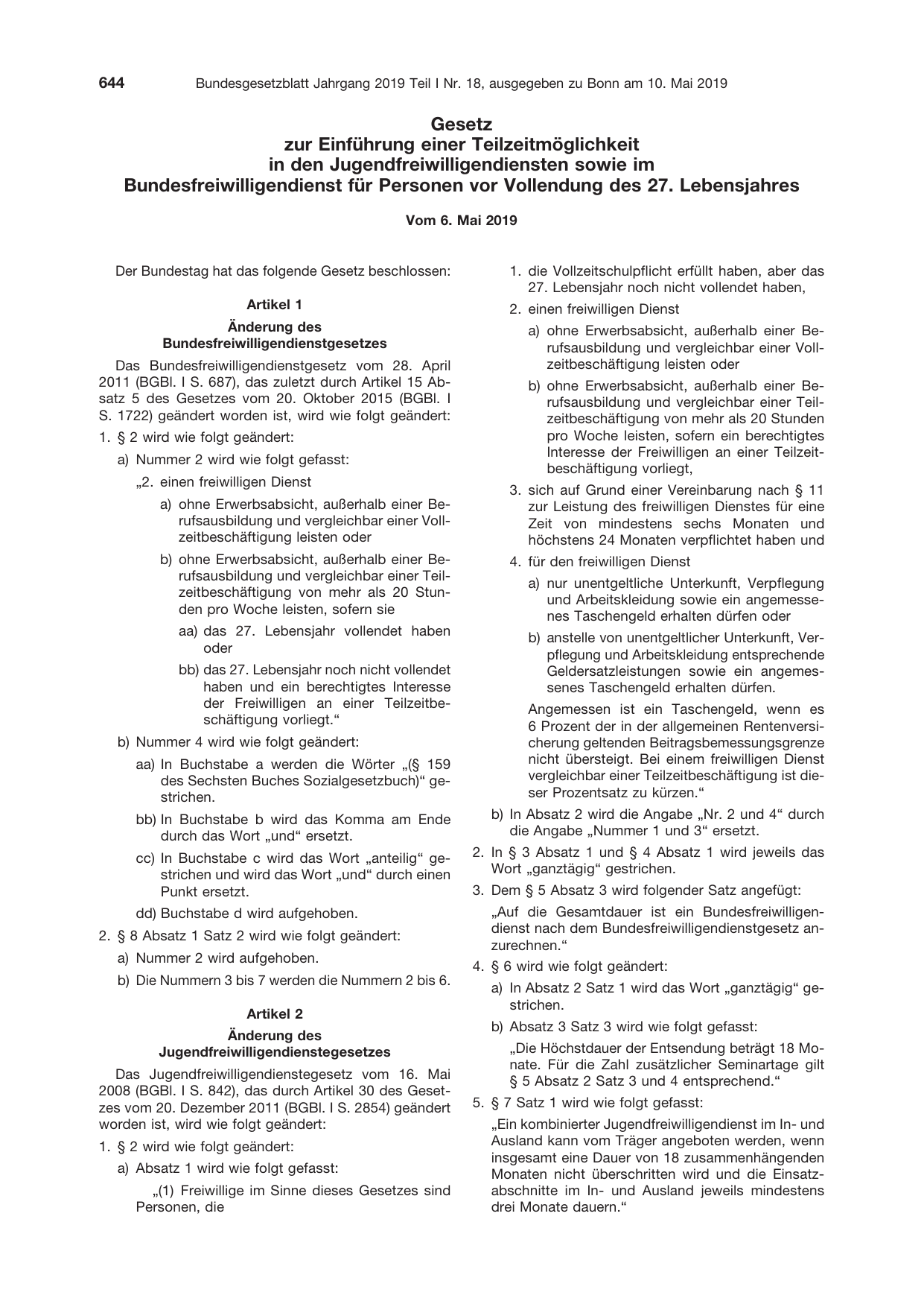 BGBl. 2019, Seite 644 — Originalseite als Abbildung