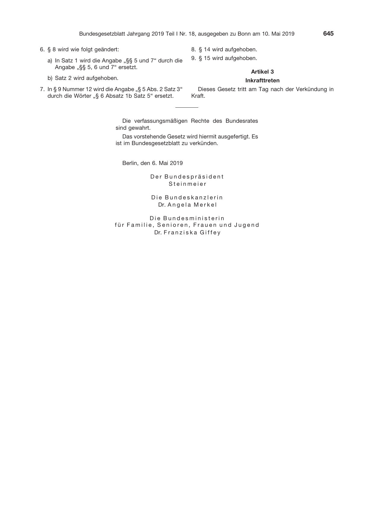 BGBl. 2019, Seite 645 — Originalseite als Abbildung