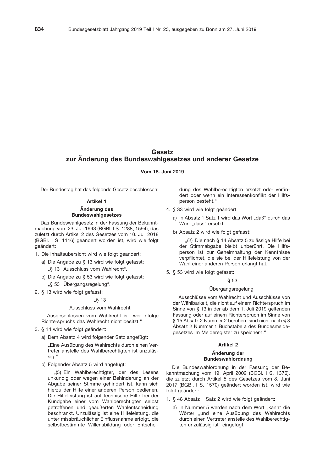 BGBl. 2019, Seite 834 — Originalseite als Abbildung