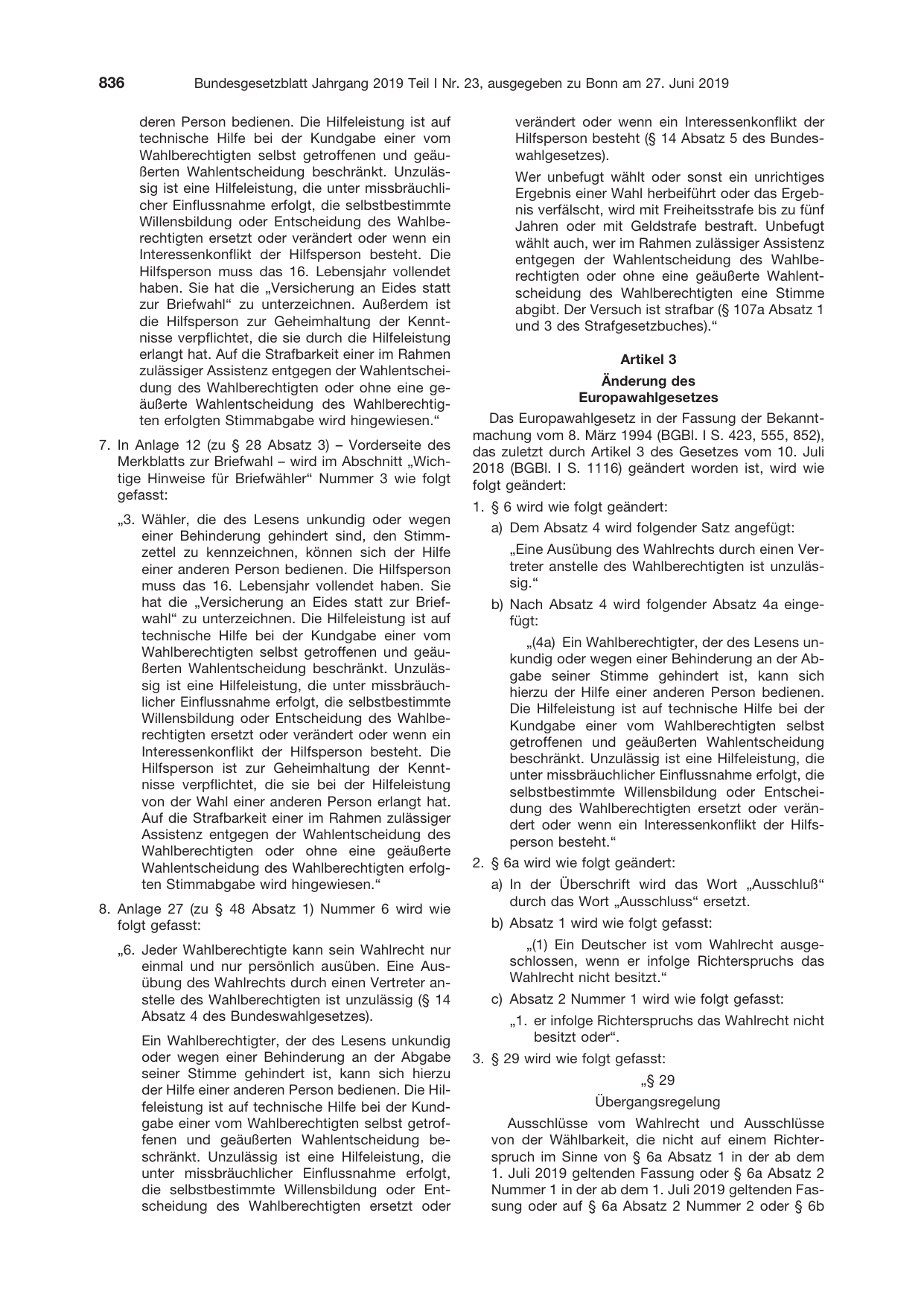 BGBl. 2019, Seite 836 — Originalseite als Abbildung