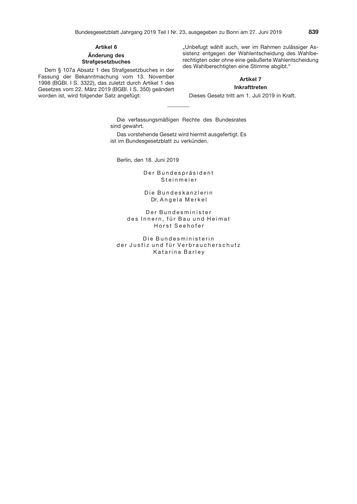BGBl. 2019, Seite 839 — Originalseite als Abbildung