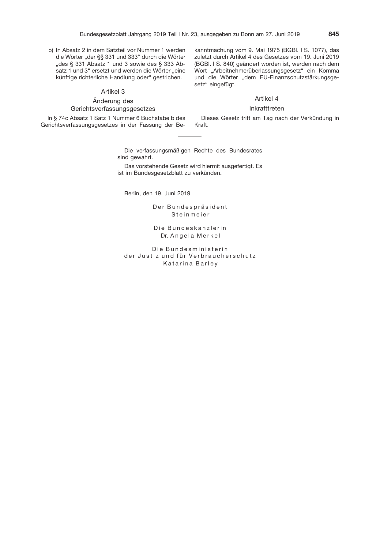 BGBl. 2019, Seite 845 — Originalseite als Abbildung