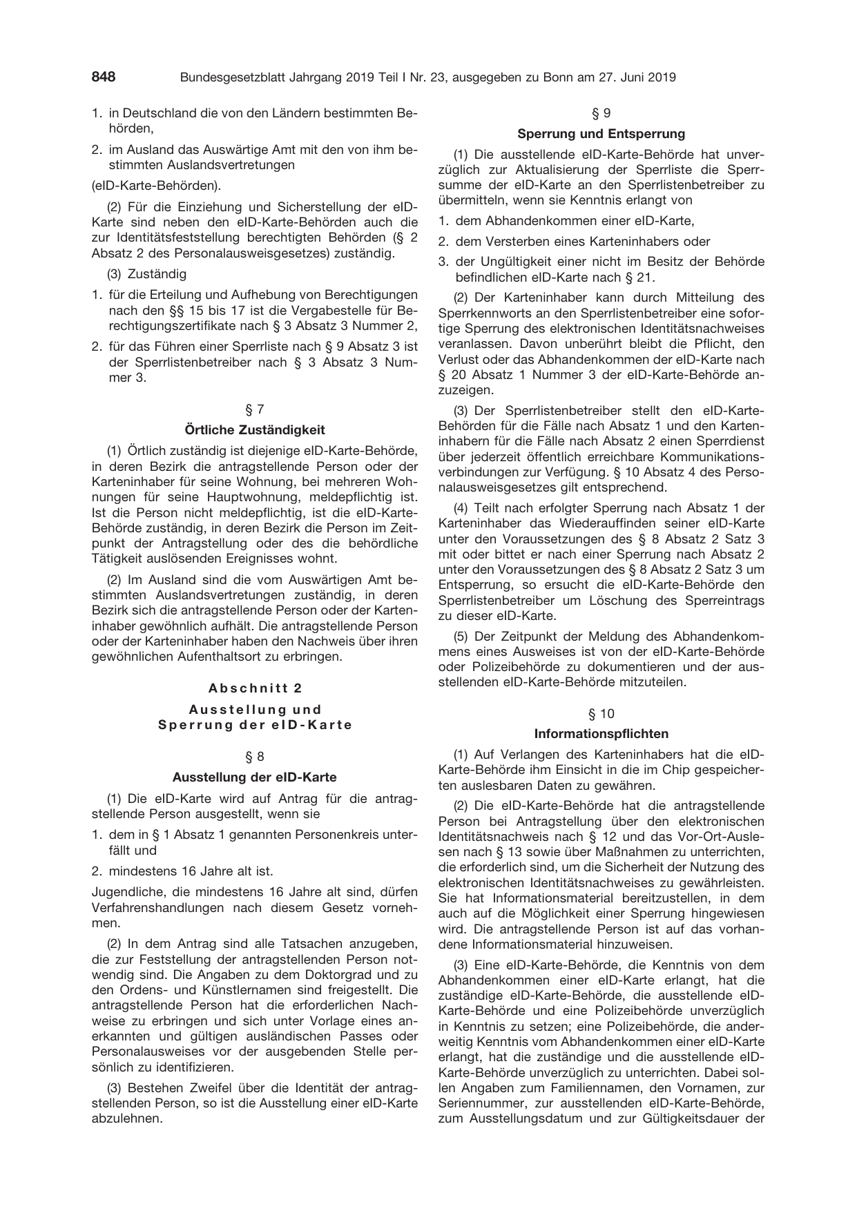 BGBl. 2019, Seite 848 — Originalseite als Abbildung