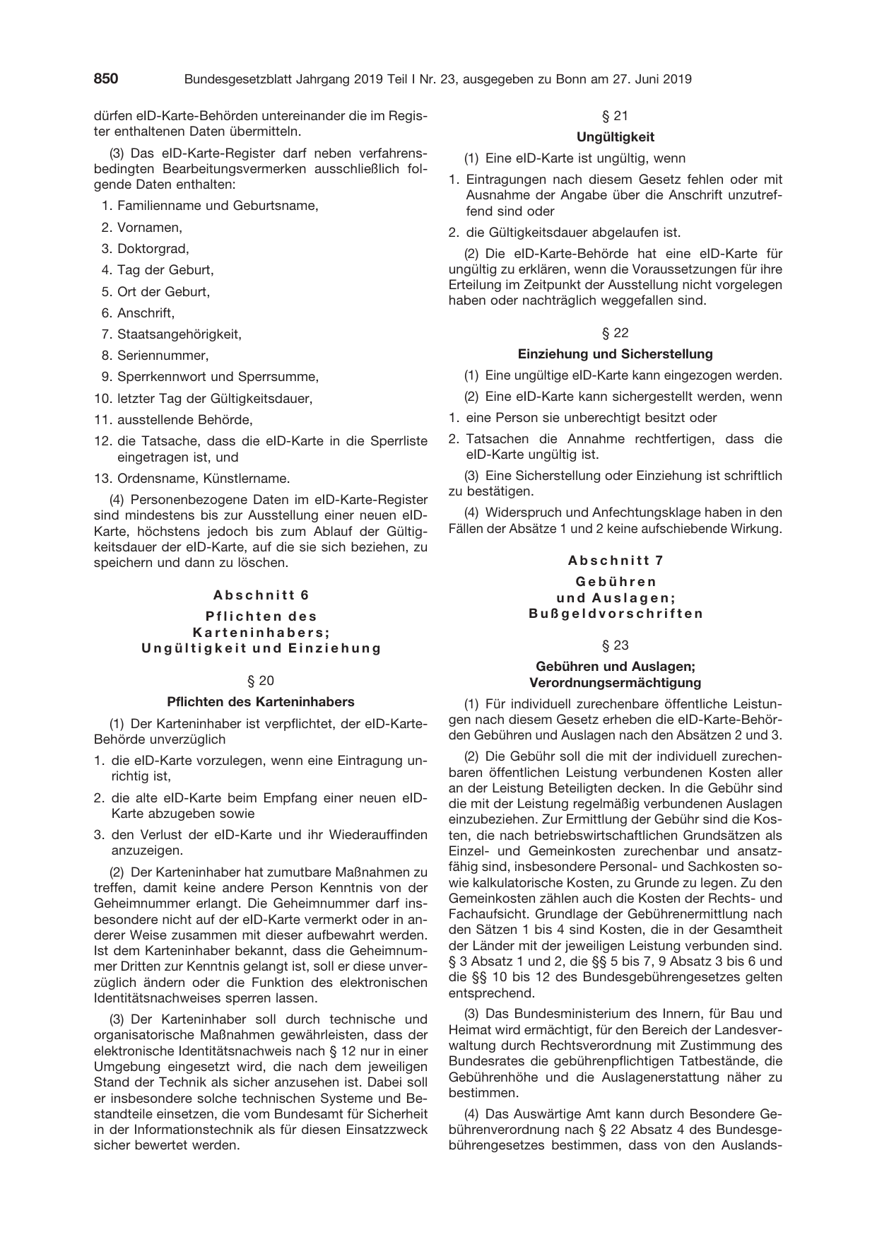 BGBl. 2019, Seite 850 — Originalseite als Abbildung
