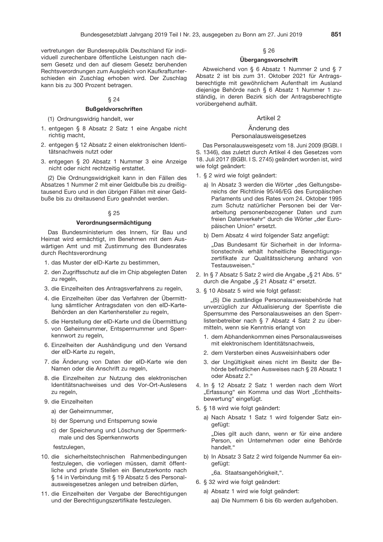 BGBl. 2019, Seite 851 — Originalseite als Abbildung