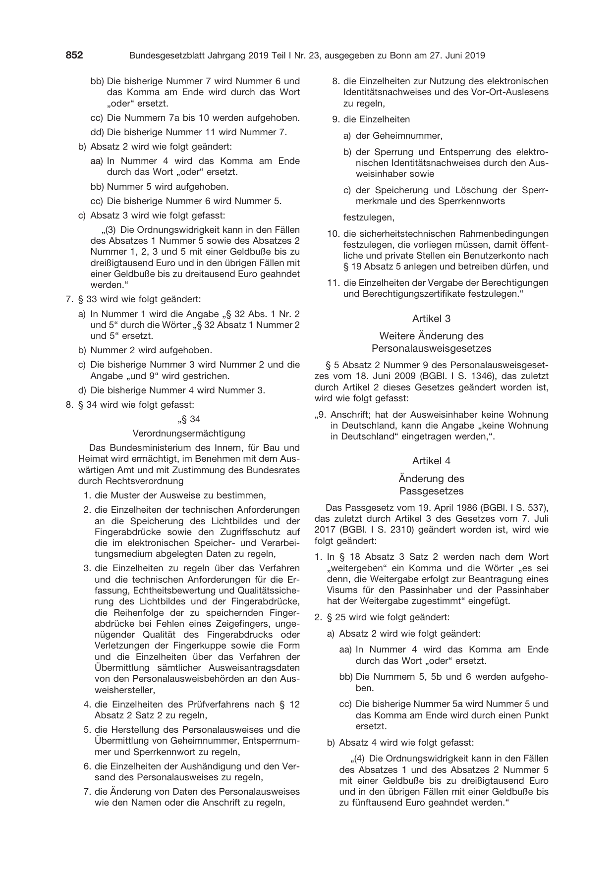 BGBl. 2019, Seite 852 — Originalseite als Abbildung