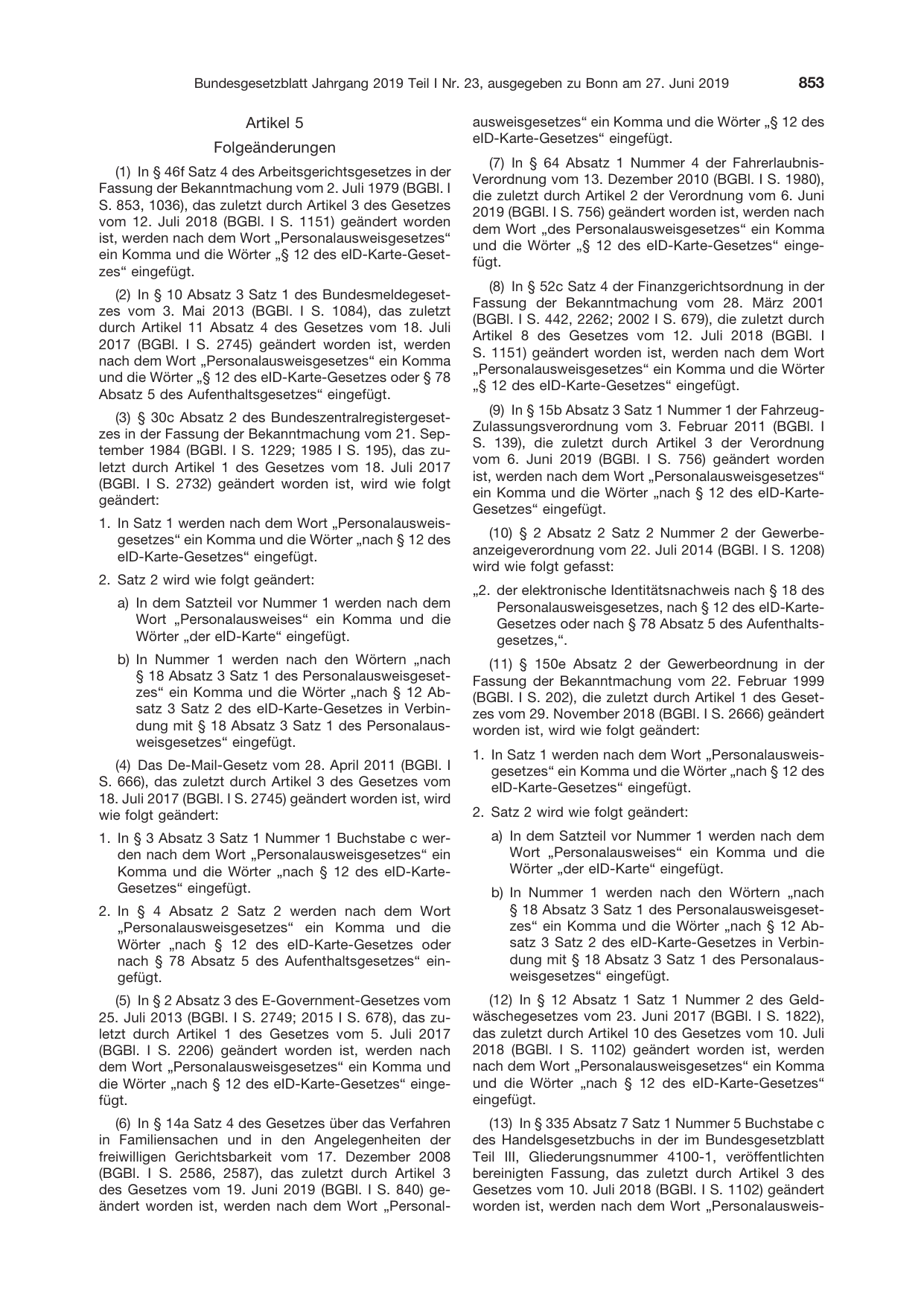 BGBl. 2019, Seite 853 — Originalseite als Abbildung