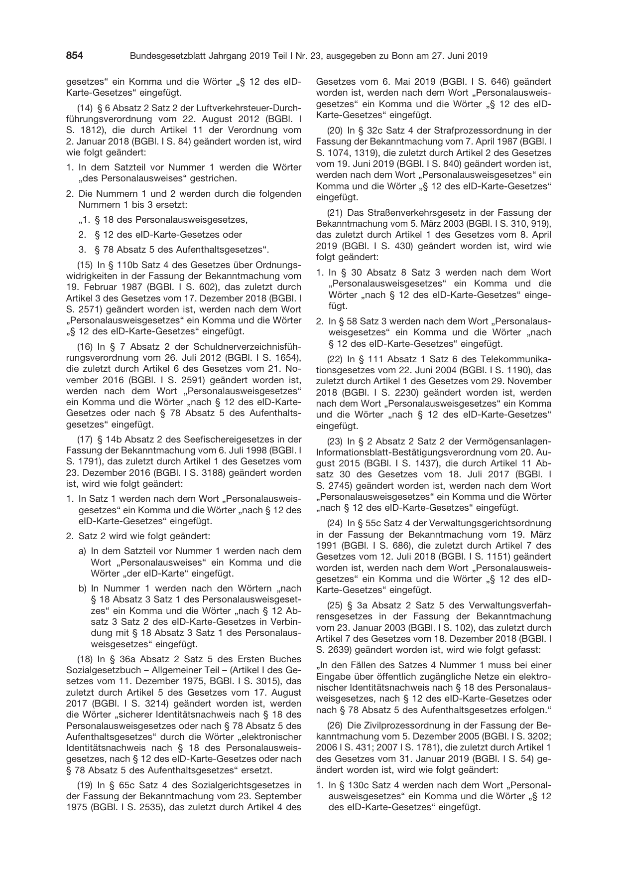 BGBl. 2019, Seite 854 — Originalseite als Abbildung