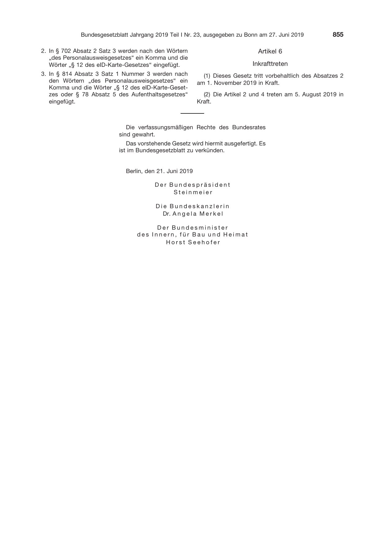 BGBl. 2019, Seite 855 — Originalseite als Abbildung
