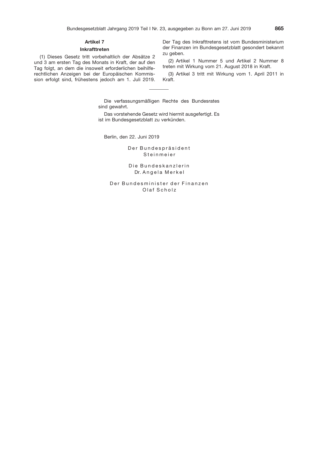 BGBl. 2019, Seite 865 — Originalseite als Abbildung