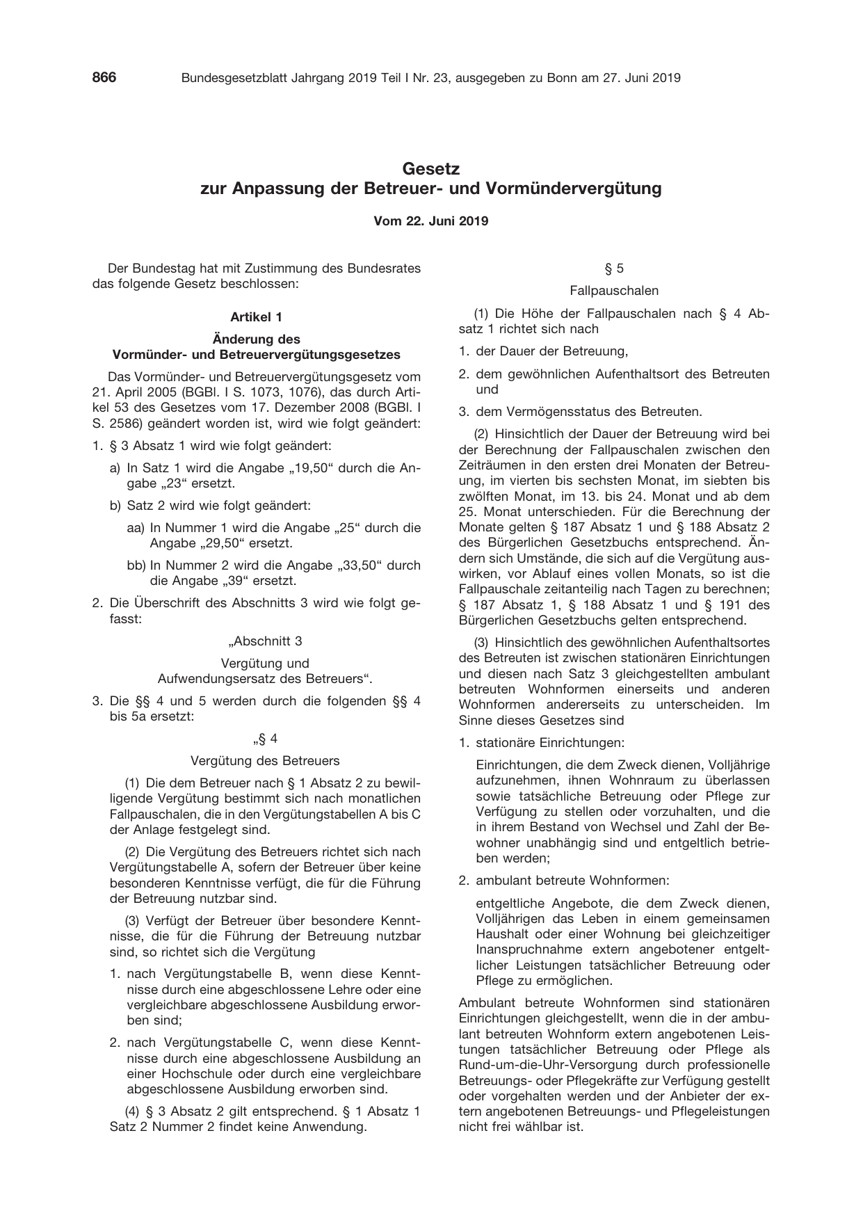 BGBl. 2019, Seite 866 — Originalseite als Abbildung